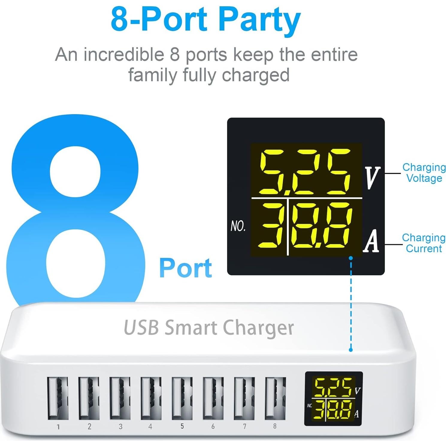 Estación de Carga USB Ziwodiv i6 8 Puertos 60W Cargador Rápido