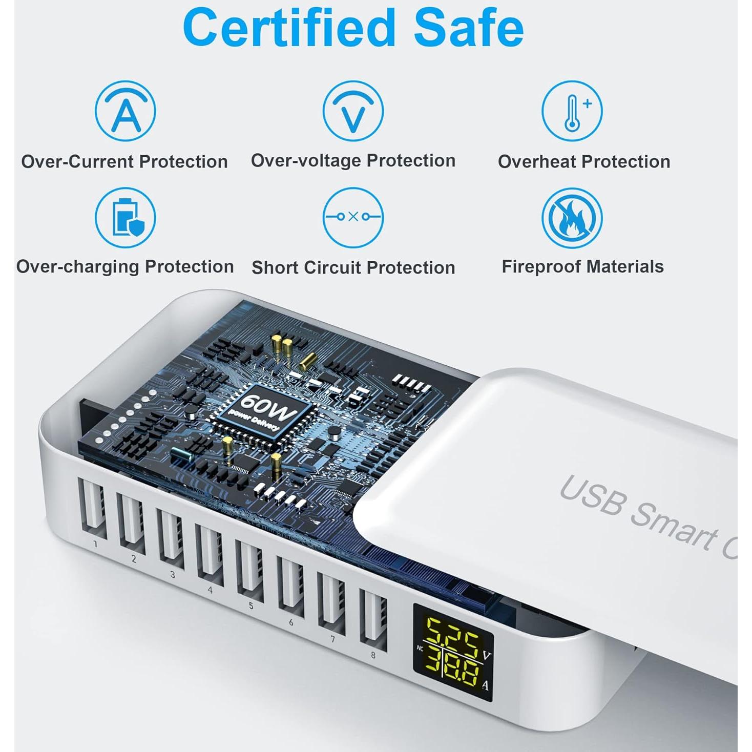 Estación de Carga USB Ziwodiv i6 8 Puertos 60W Cargador Rápido