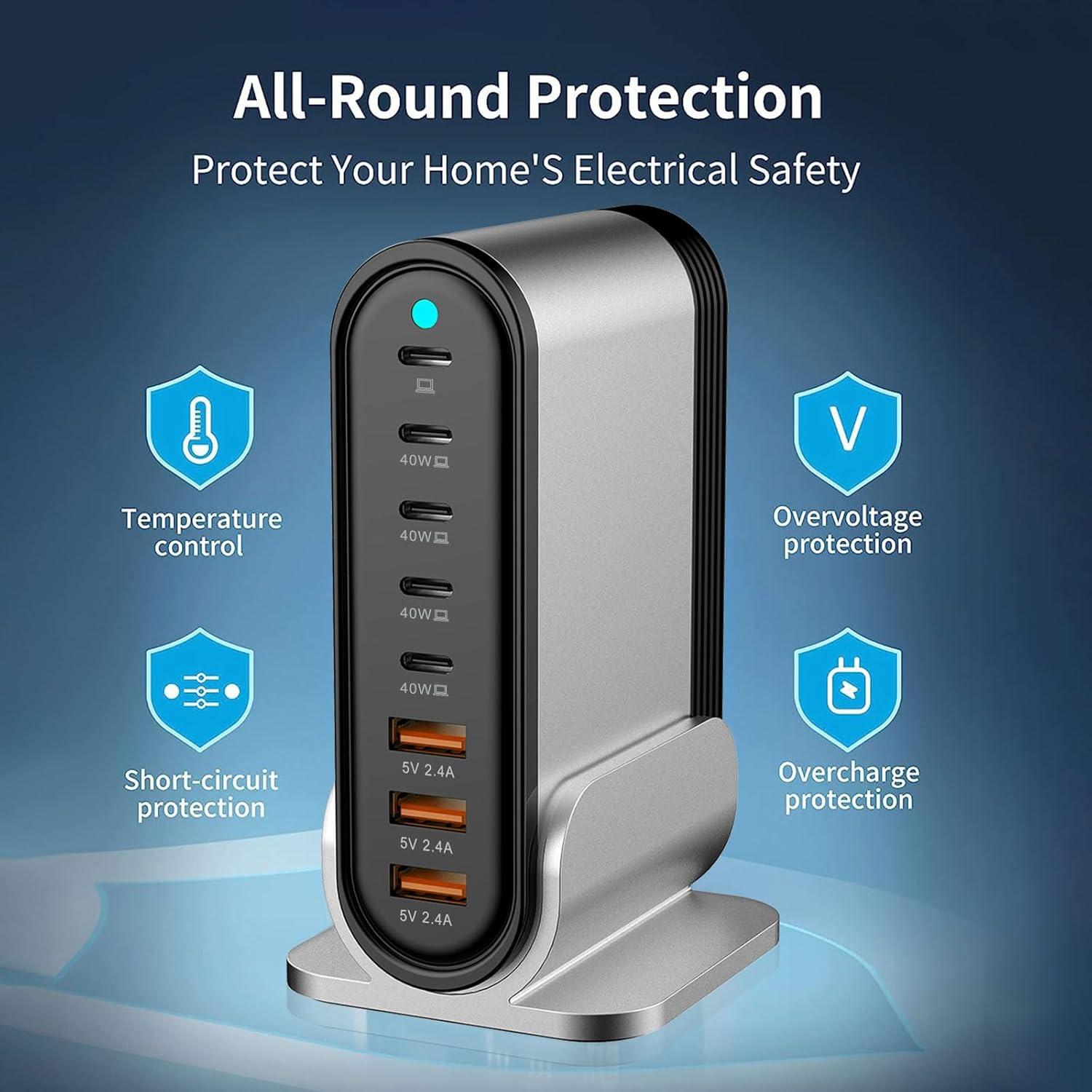 Cargador USB C 285W 8 Puertos - Estación de Carga Rápida