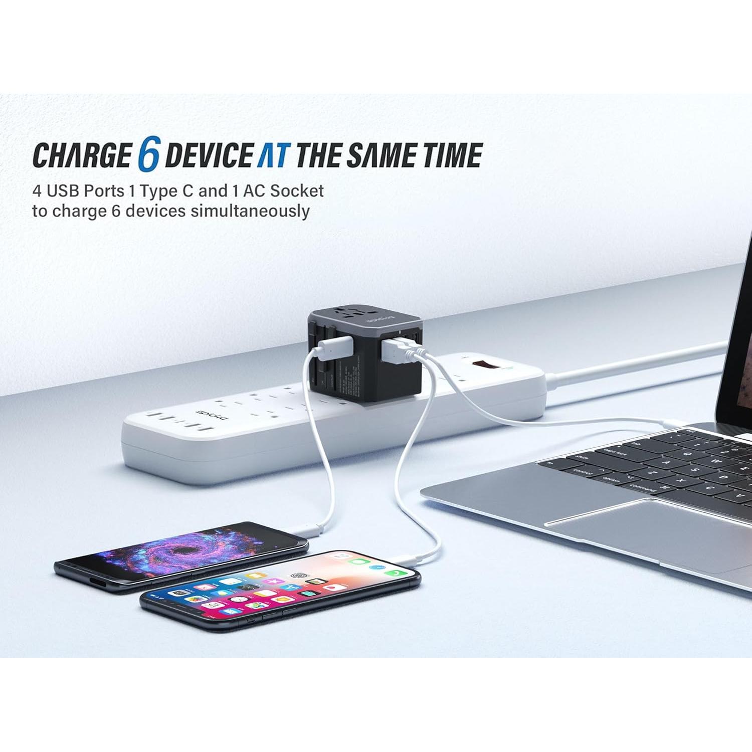 Adaptador de Viaje Universal EPICKA TA-105 Gris 6 en 1 USB-C