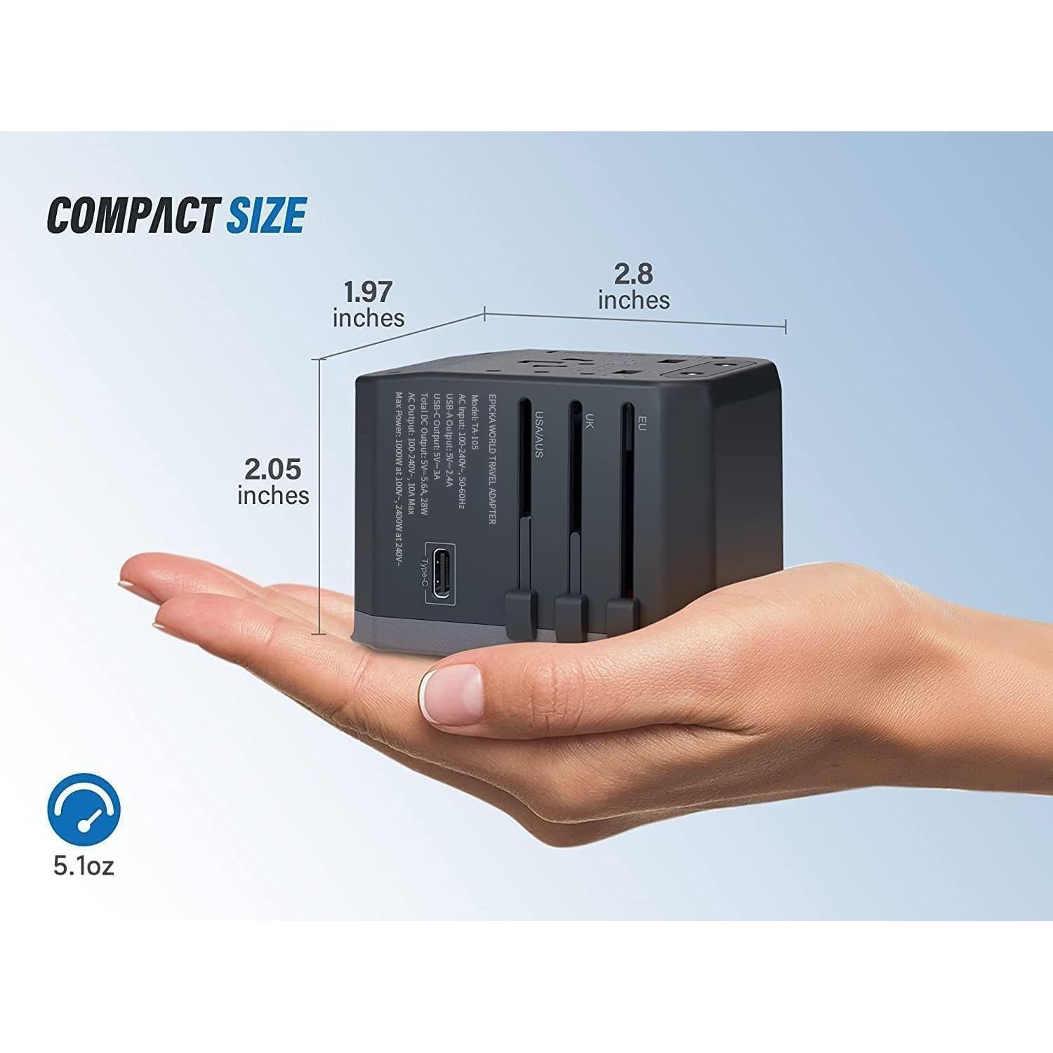 Adaptador de Viaje Universal EPICKA TA-105 Gris 6 en 1 USB-C