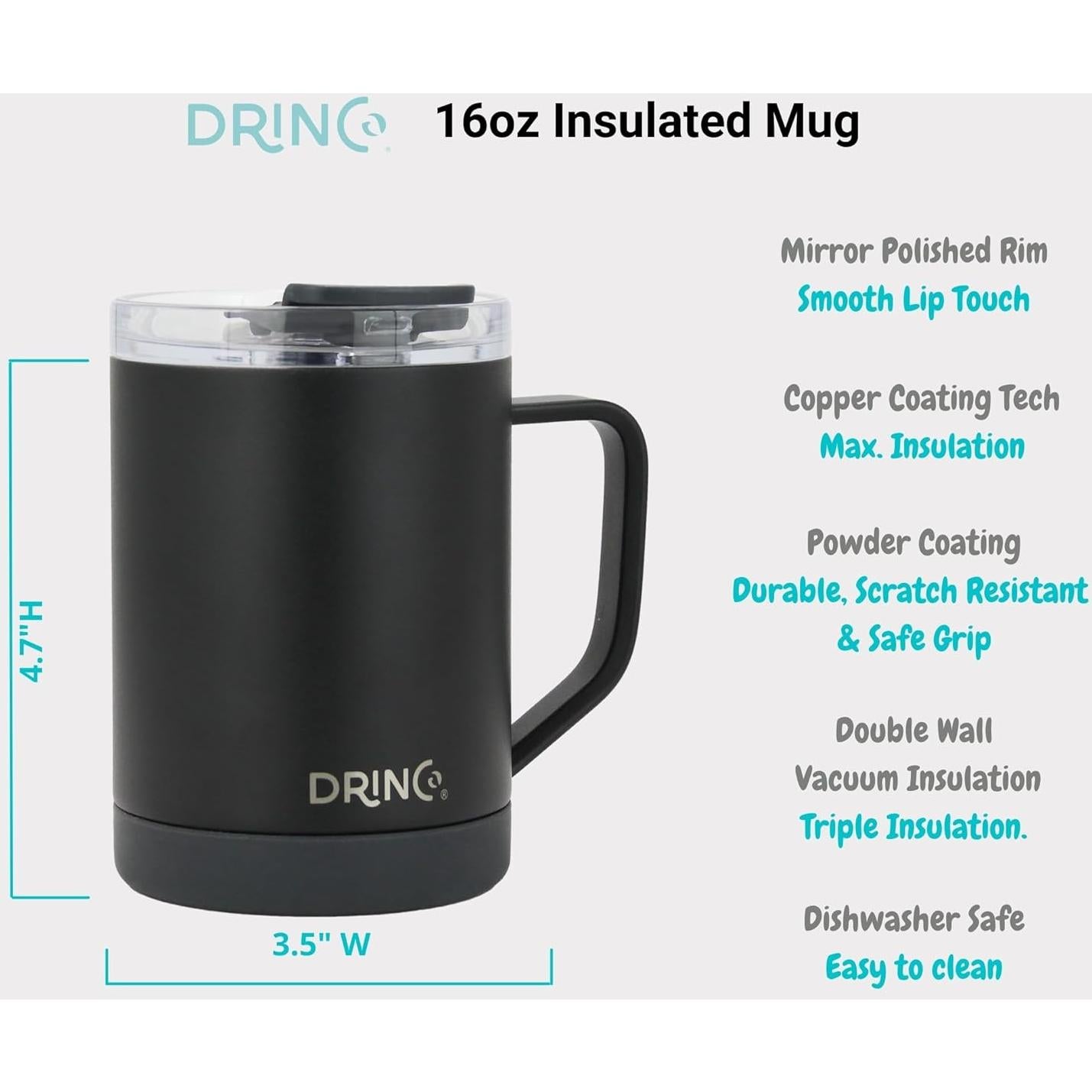 Taza de Café Aislada Drinco 16 oz Acero Inoxidable Negra