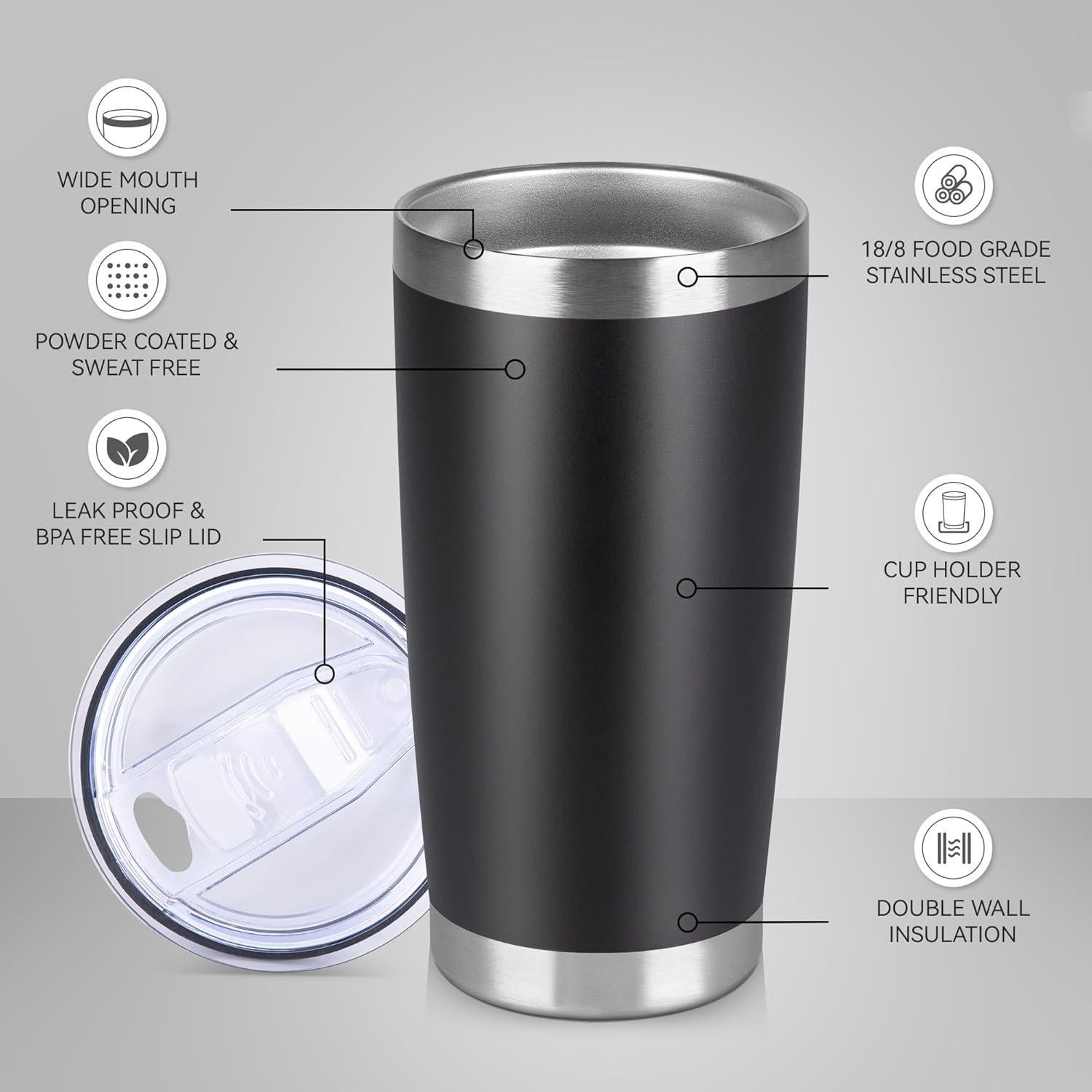 Taza de Acero Inoxidable 20 oz VQRRCKI con Tapa - Paquete de 6