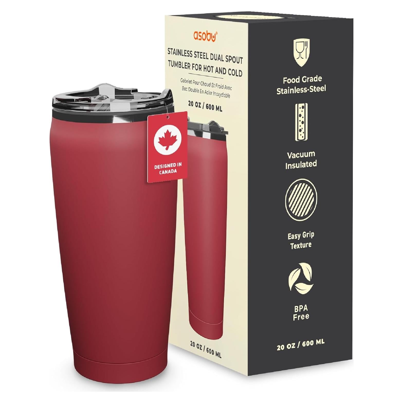 Taza Aislada Grande Asobu Roja 20 oz Doble Pared a Prueba de Derrames