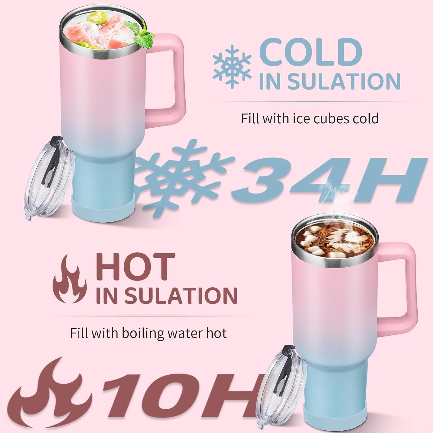 Vaso Aislado BENZZO 40oz Rosa Doble Pared con Tapa y Pajilla