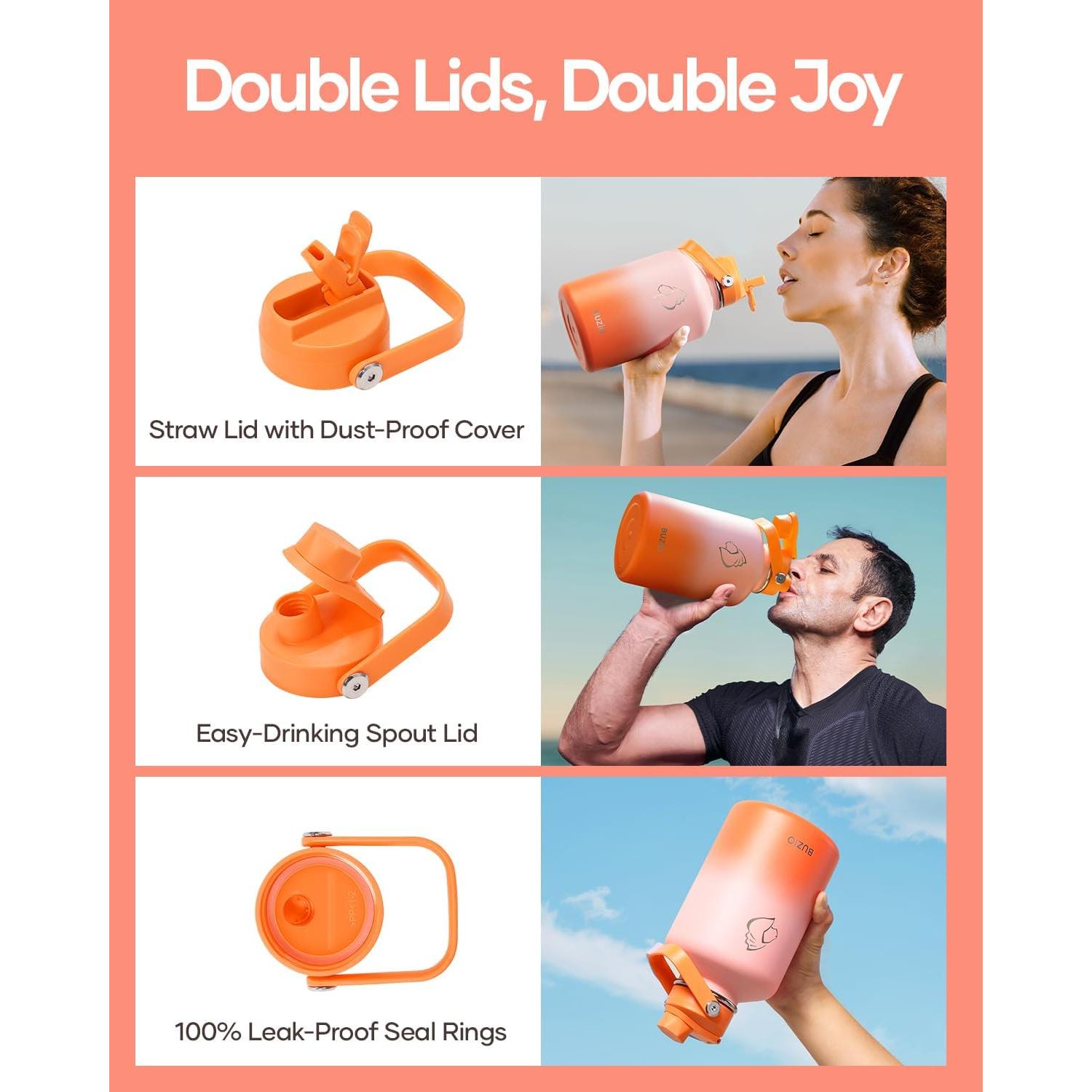 Botella de Agua Aislada BUZIO 1.18L con Tapa de Popote Naranja