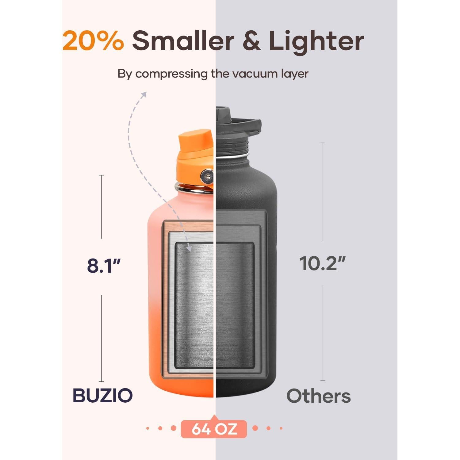 Botella de Agua Aislada BUZIO 1.18L con Tapa de Popote Naranja