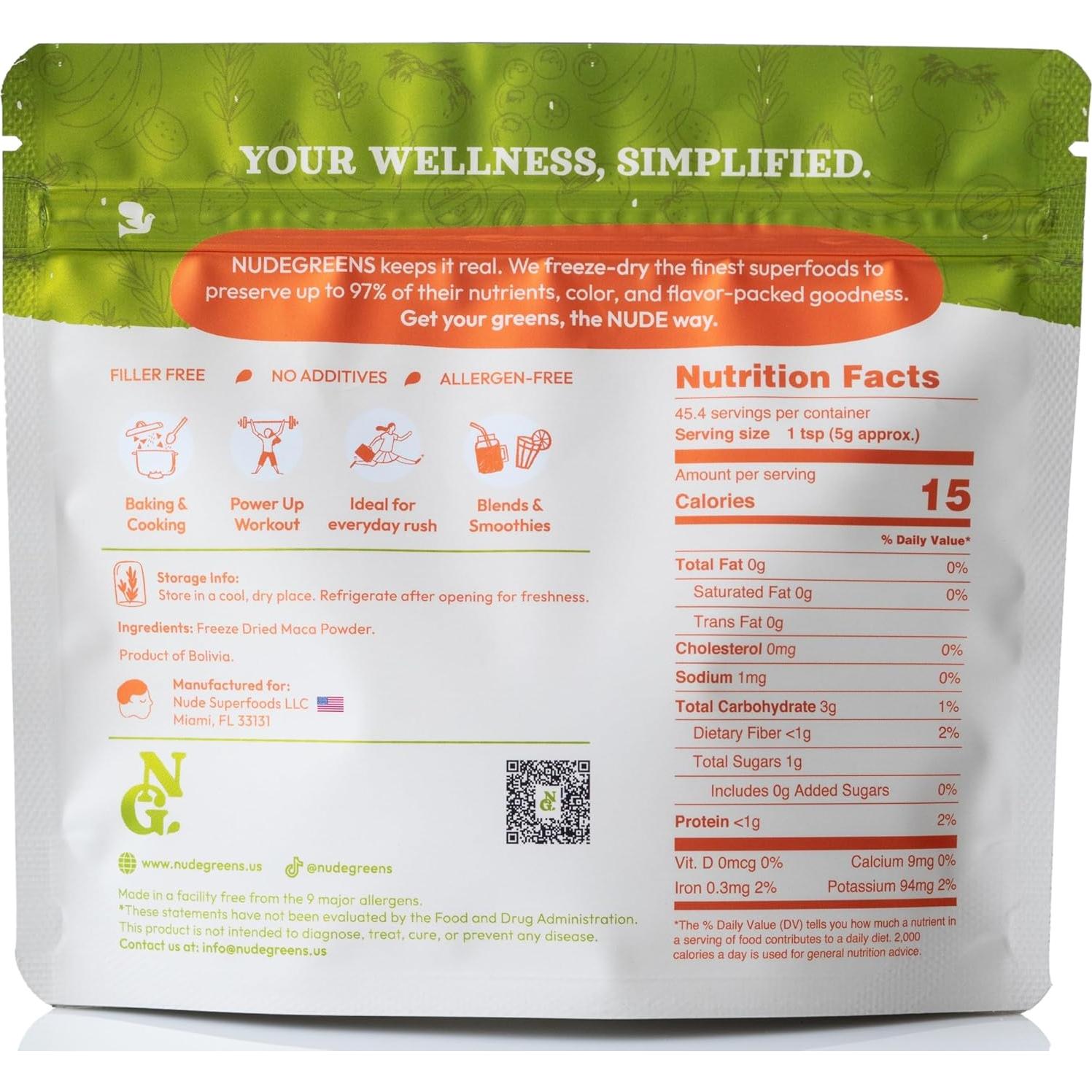 Polvo de Raíz de Maca Liofilizada NUDEGREENS 227g Vegano