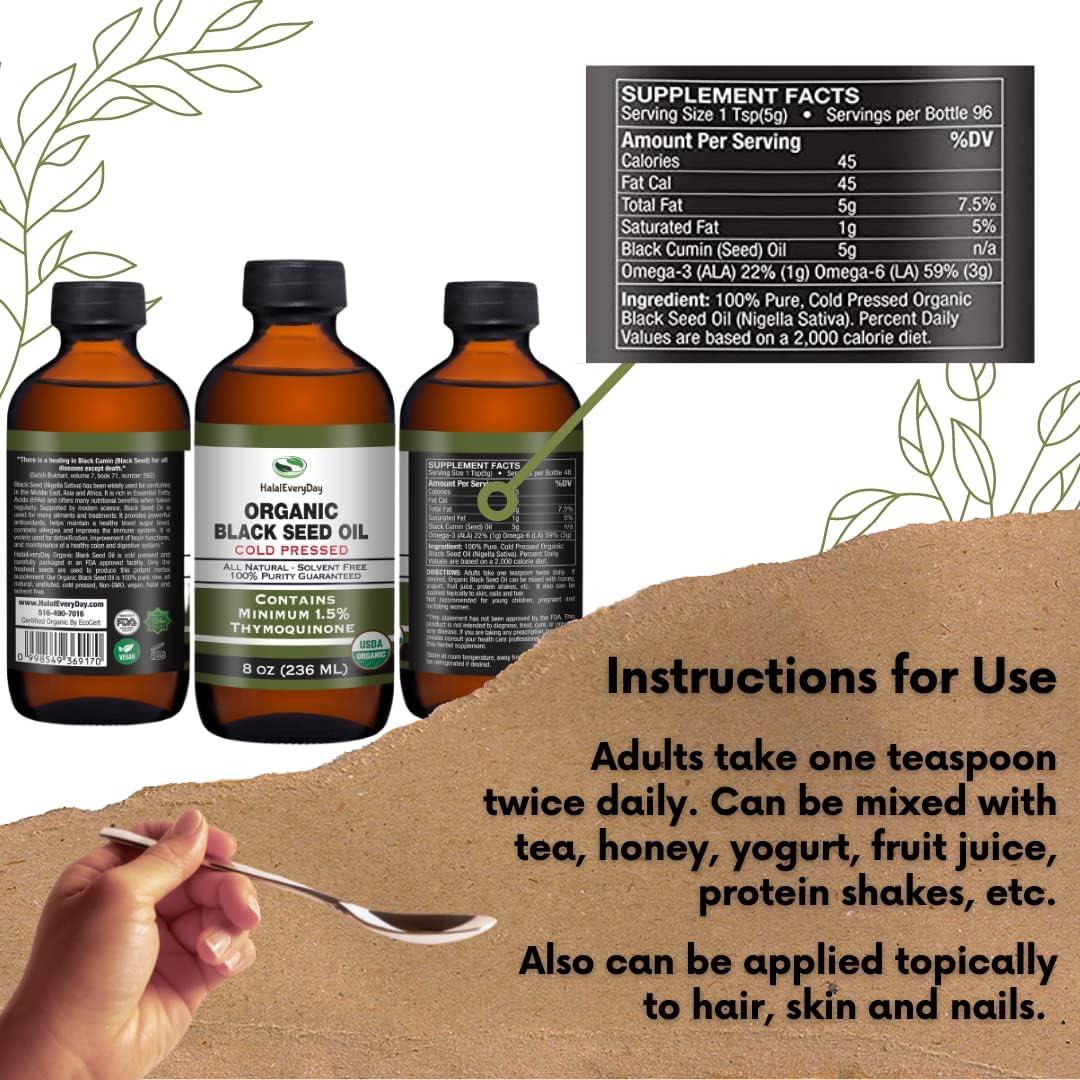 Aceite de Semilla Negra Orgánico HalalEveryDay 113 ml Prensado en Frío