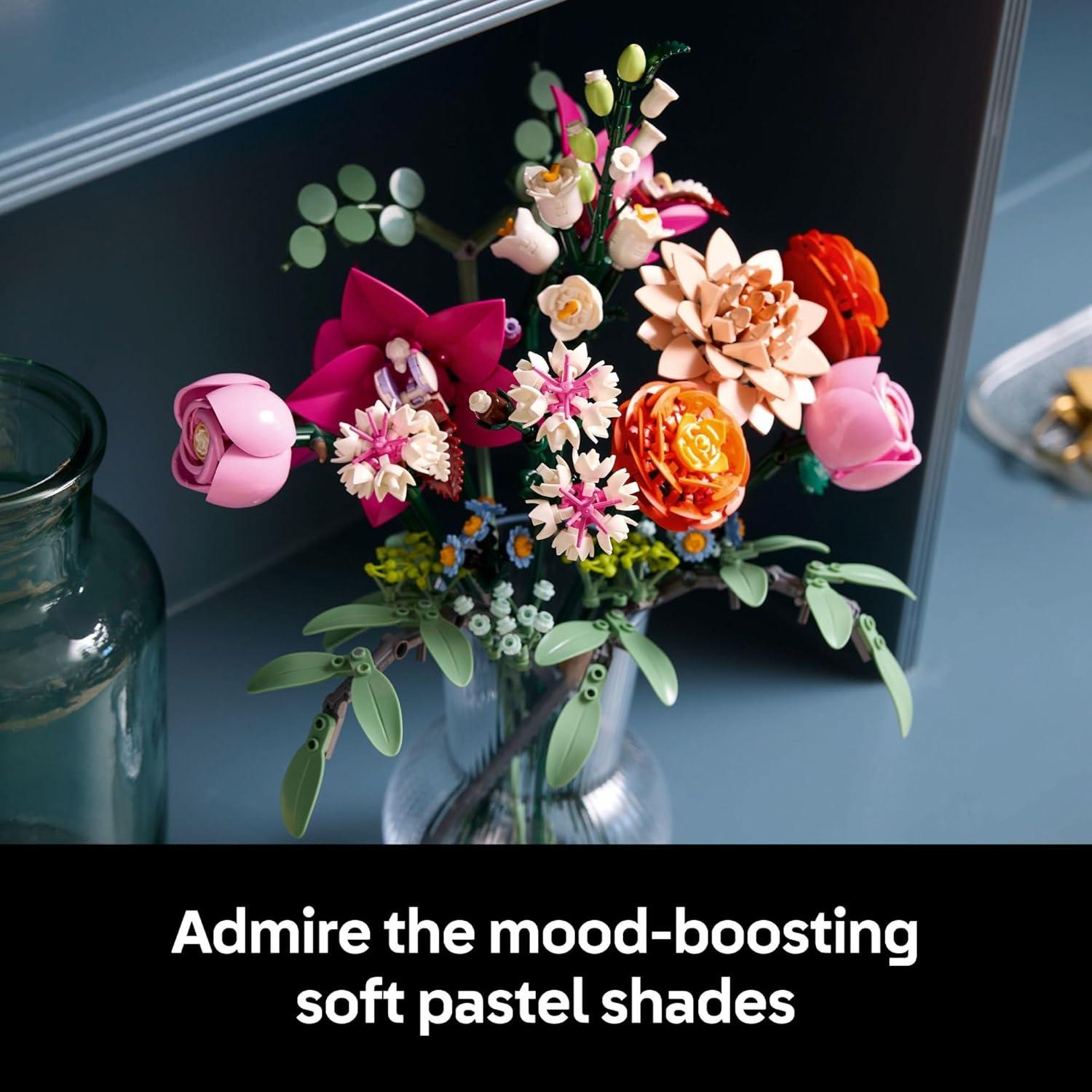 Botanicals Pretty Pink Flower Bouquet Building Set for Adults - Gifts for Valentines Day for Her- Artificial Flowers for Decor or Table Display - 10342