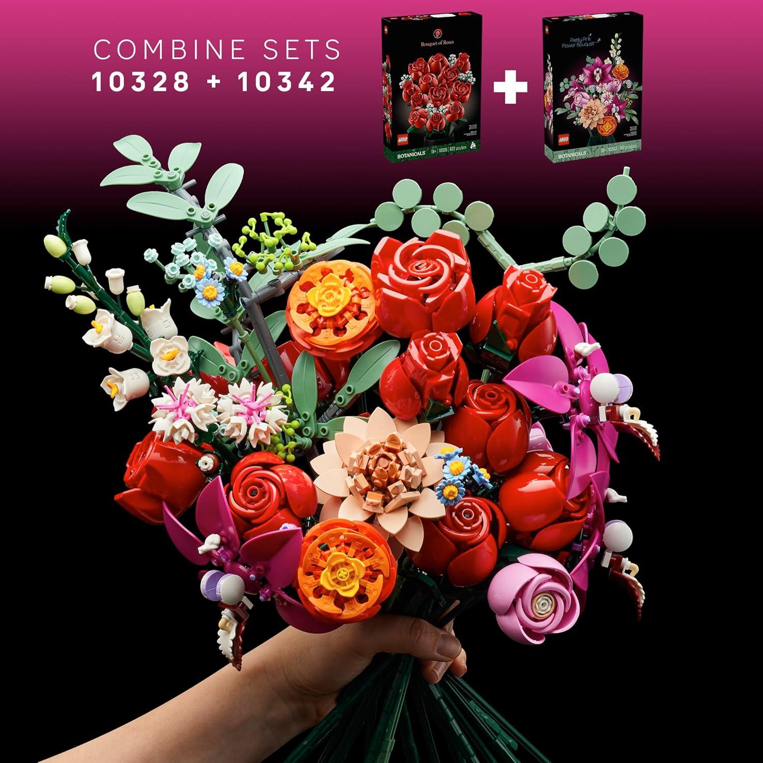 Botanicals Pretty Pink Flower Bouquet Building Set for Adults - Gifts for Valentines Day for Her- Artificial Flowers for Decor or Table Display - 10342