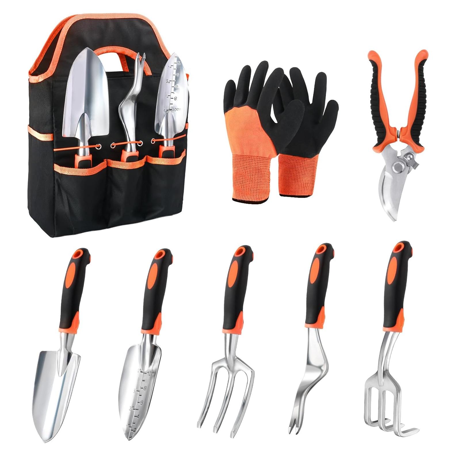 Juego de Herramientas de Jardín MECHEER 8 Piezas con Bolsa Naranja