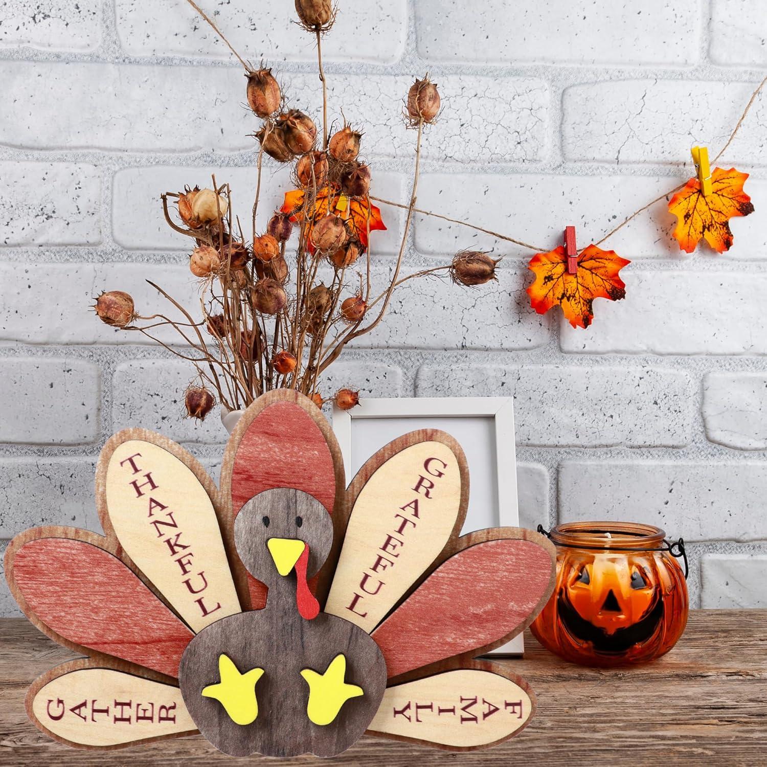 Decoración de Mesa de Acción de Gracias Pavo de Madera Familia HH