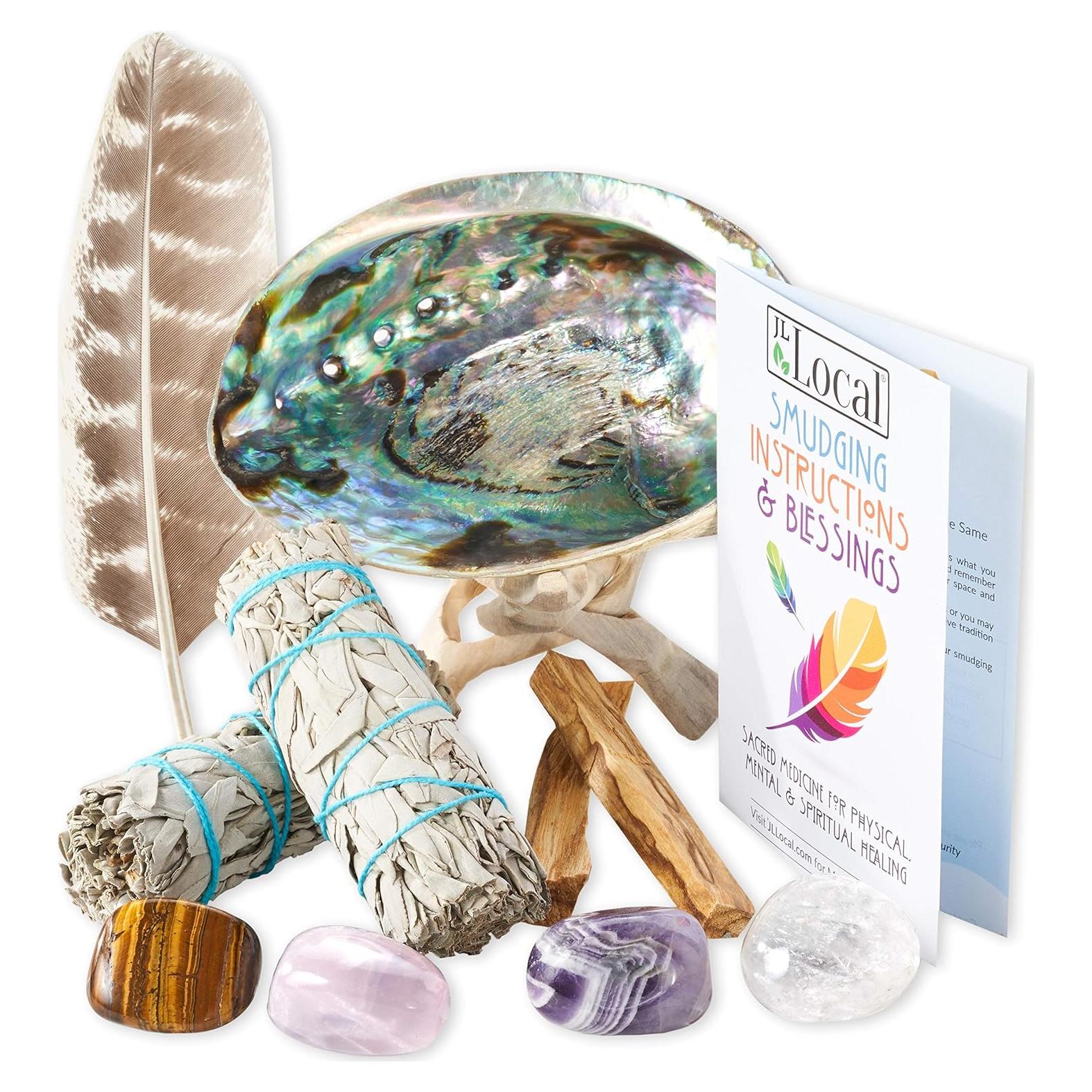 Kit de Ahumado JL Local - 2 Varitas Salvia Blanca + Palo Santo + Concha Abulón + 4 Cristales