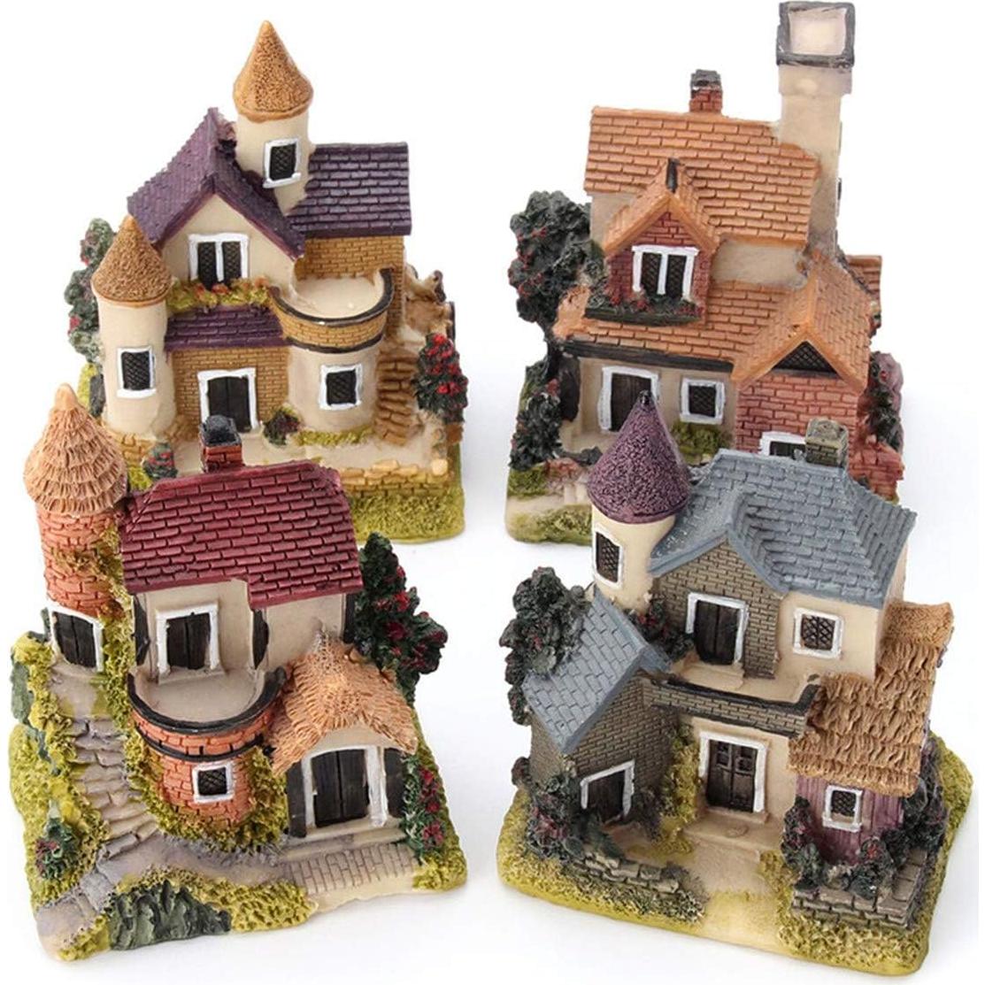 HAPYLY 4PCS Casa Miniatura Jardín Resina Decoración Hogar