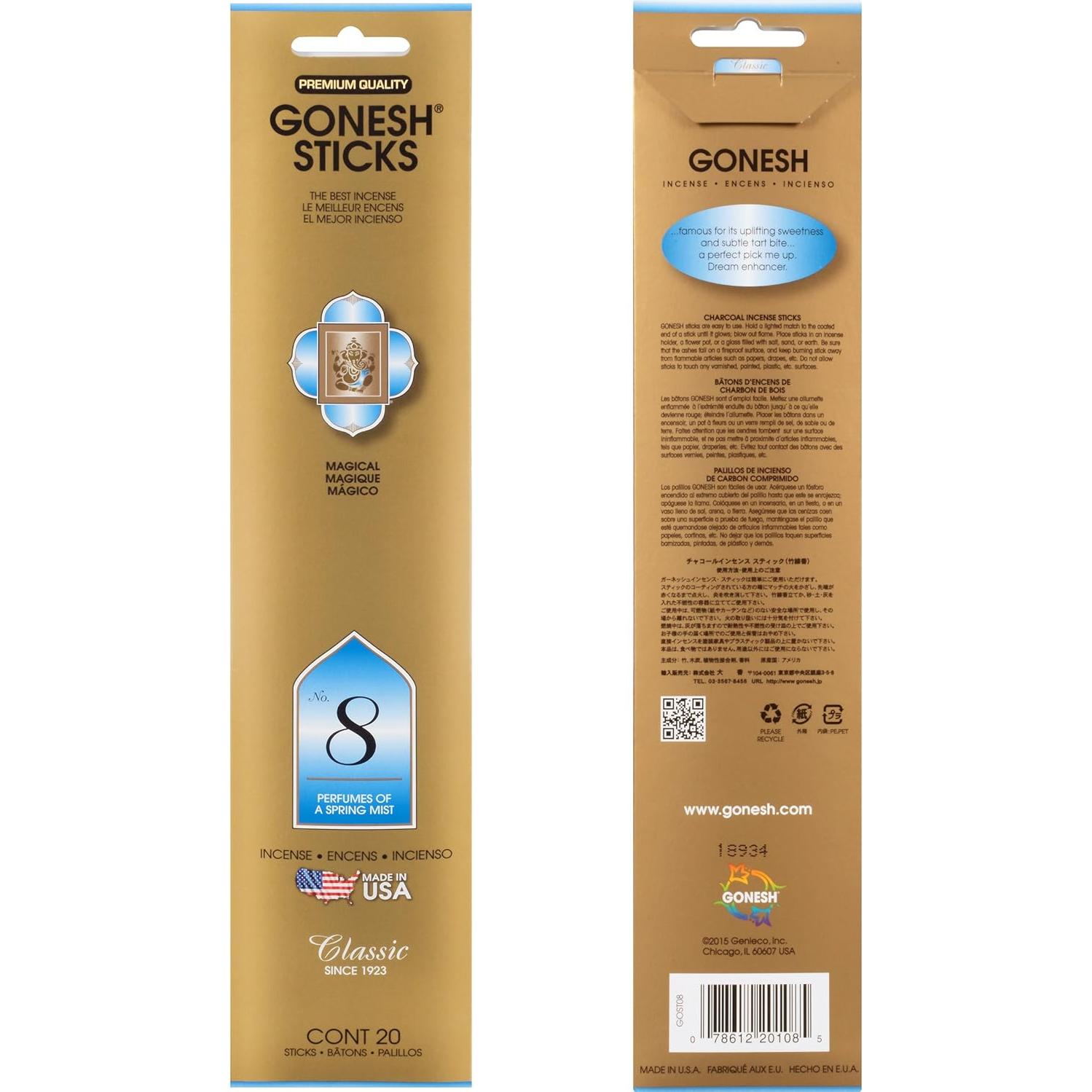Incienso Gonesh Clásico No. 8 - 4 Paquetes de 20 Palos