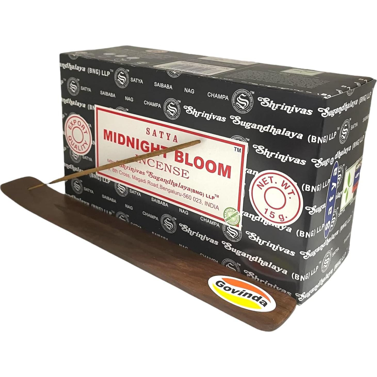 Kit de Incienso Govinda con Soporte - 12 Cajas x 15g Flor de Medianoche