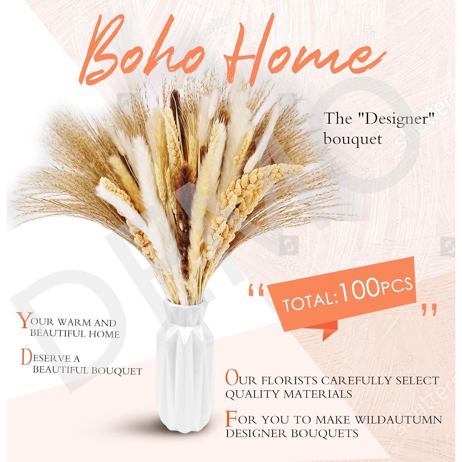 Ramo de Hierba Pampas Secas Naturales 100 Pcs 43 cm Decoración