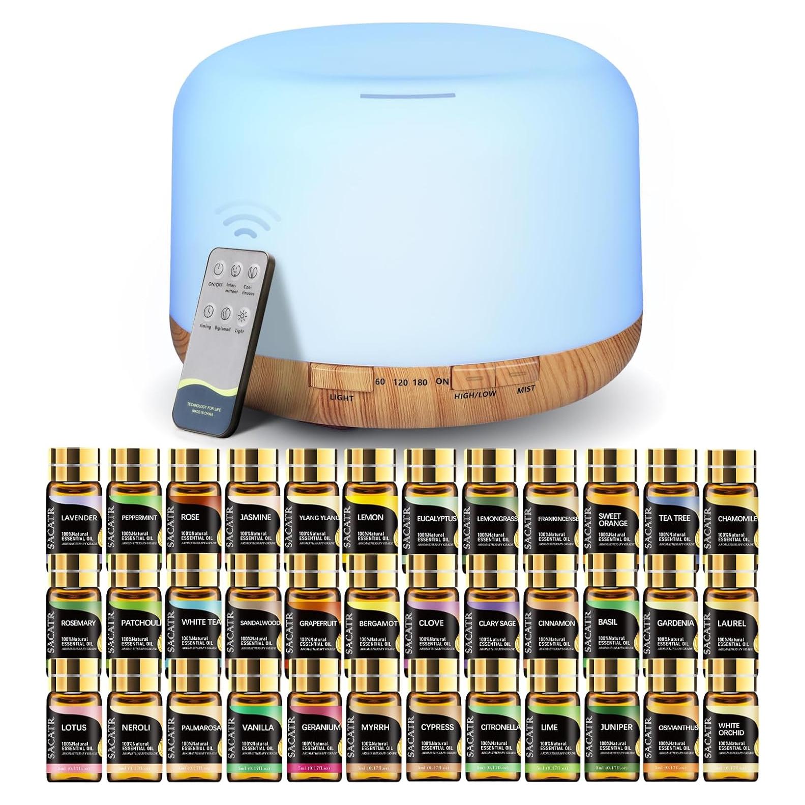 Difusor de Aceite Esencial SACATR 500ml con 36 Aceites Naturales