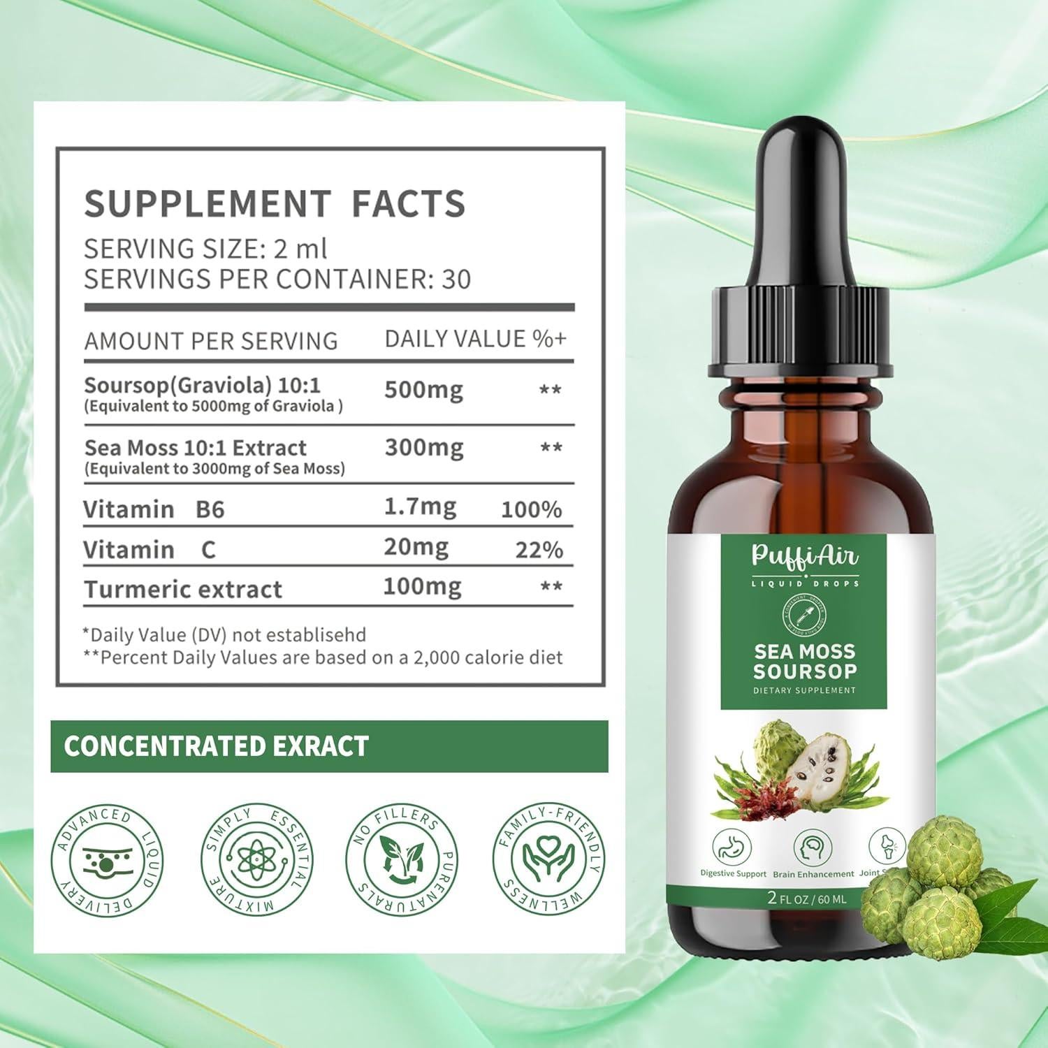 Gotas Líquidas PuffiAir Soursop y Musgo Marino 60ml