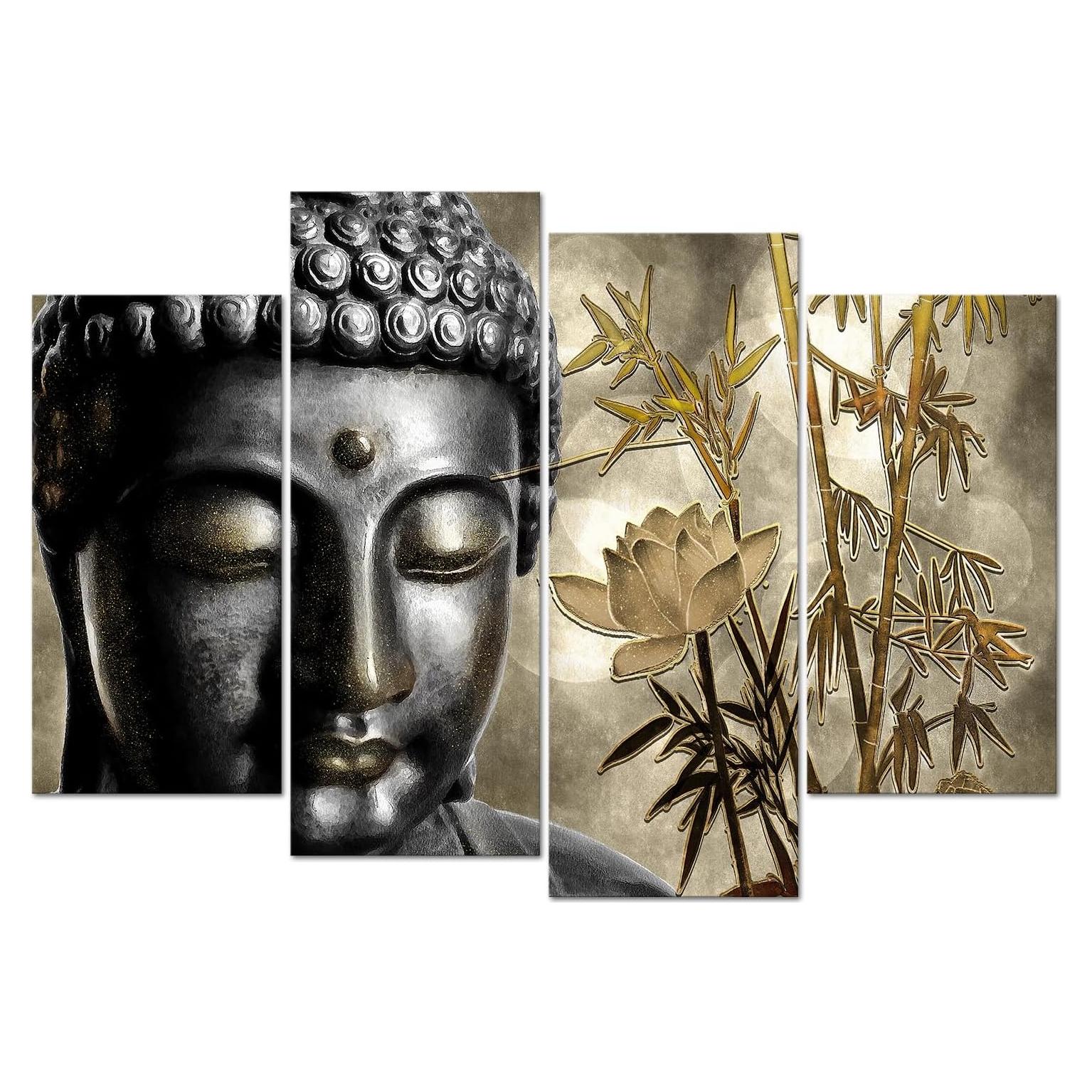 Arte de Pared Zen Buda Dorado 4 Piezas Lienzo Zlove