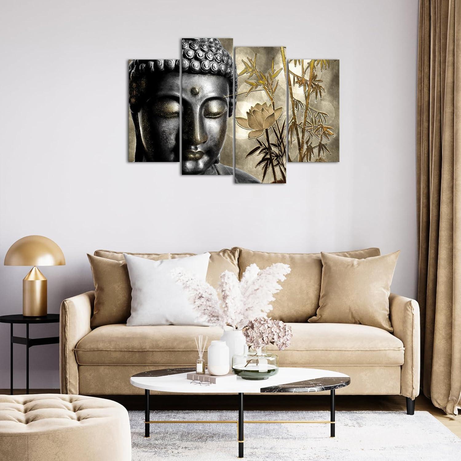 Arte de Pared Zen Buda Dorado 4 Piezas Lienzo Zlove