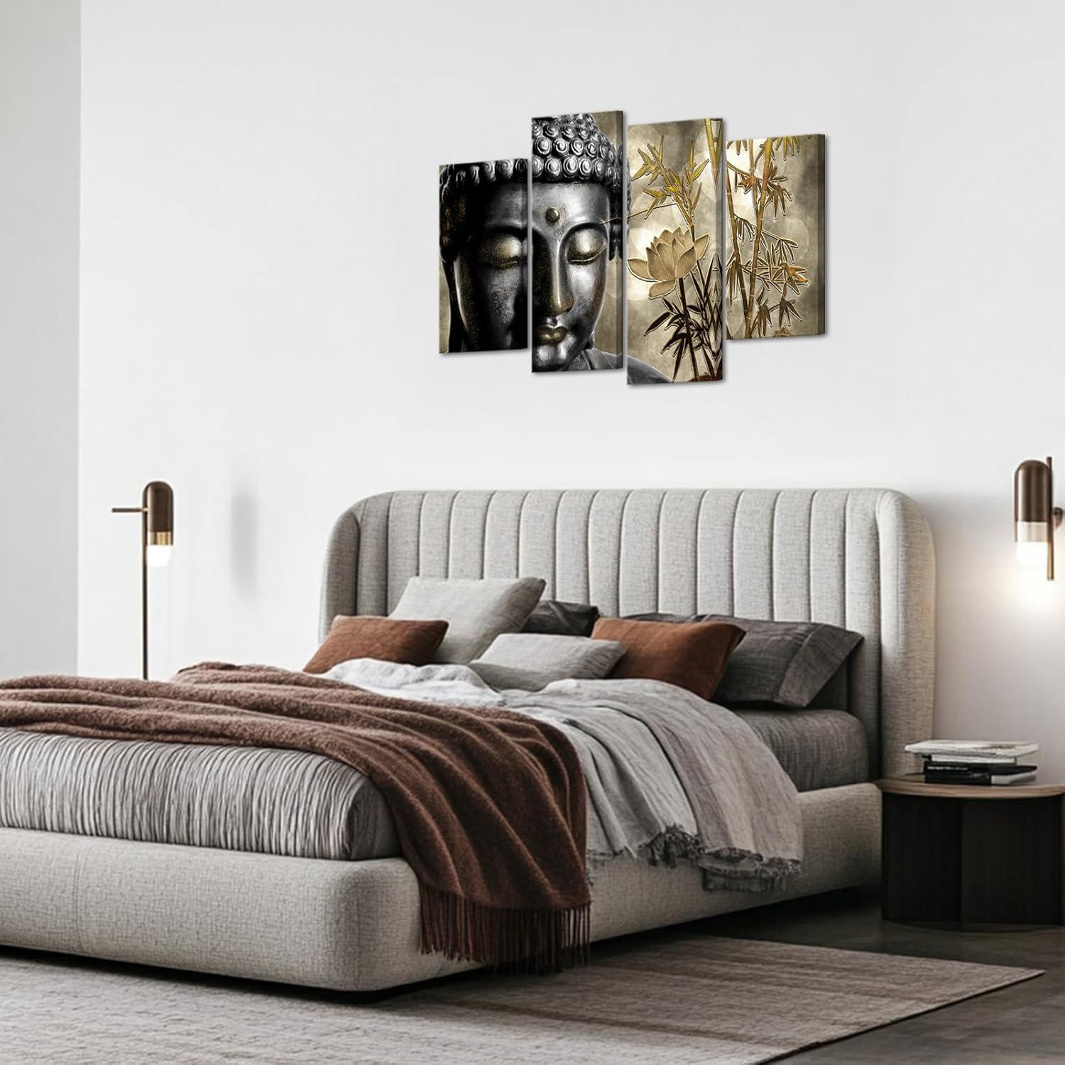 Arte de Pared Zen Buda Dorado 4 Piezas Lienzo Zlove