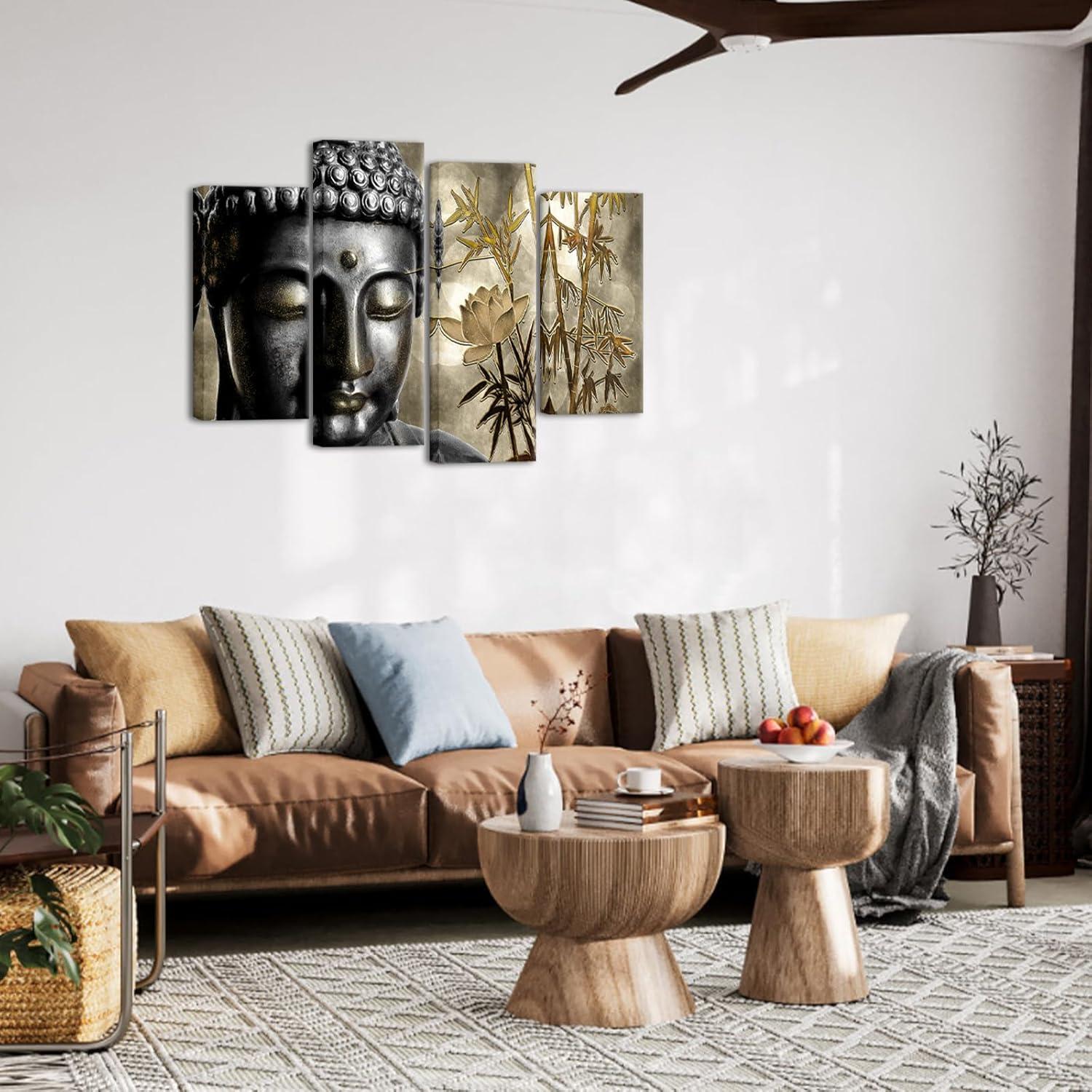 Arte de Pared Zen Buda Dorado 4 Piezas Lienzo Zlove