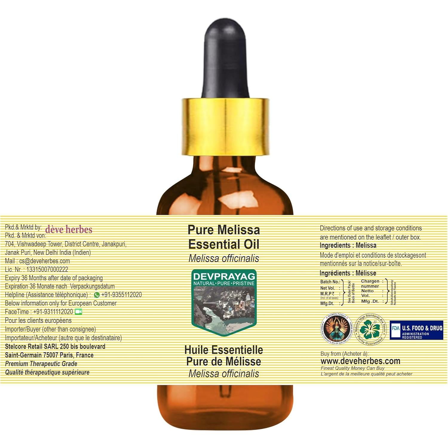 Aceite Esencial de Melissa Deve Herbes 2ml Puro y Ligero