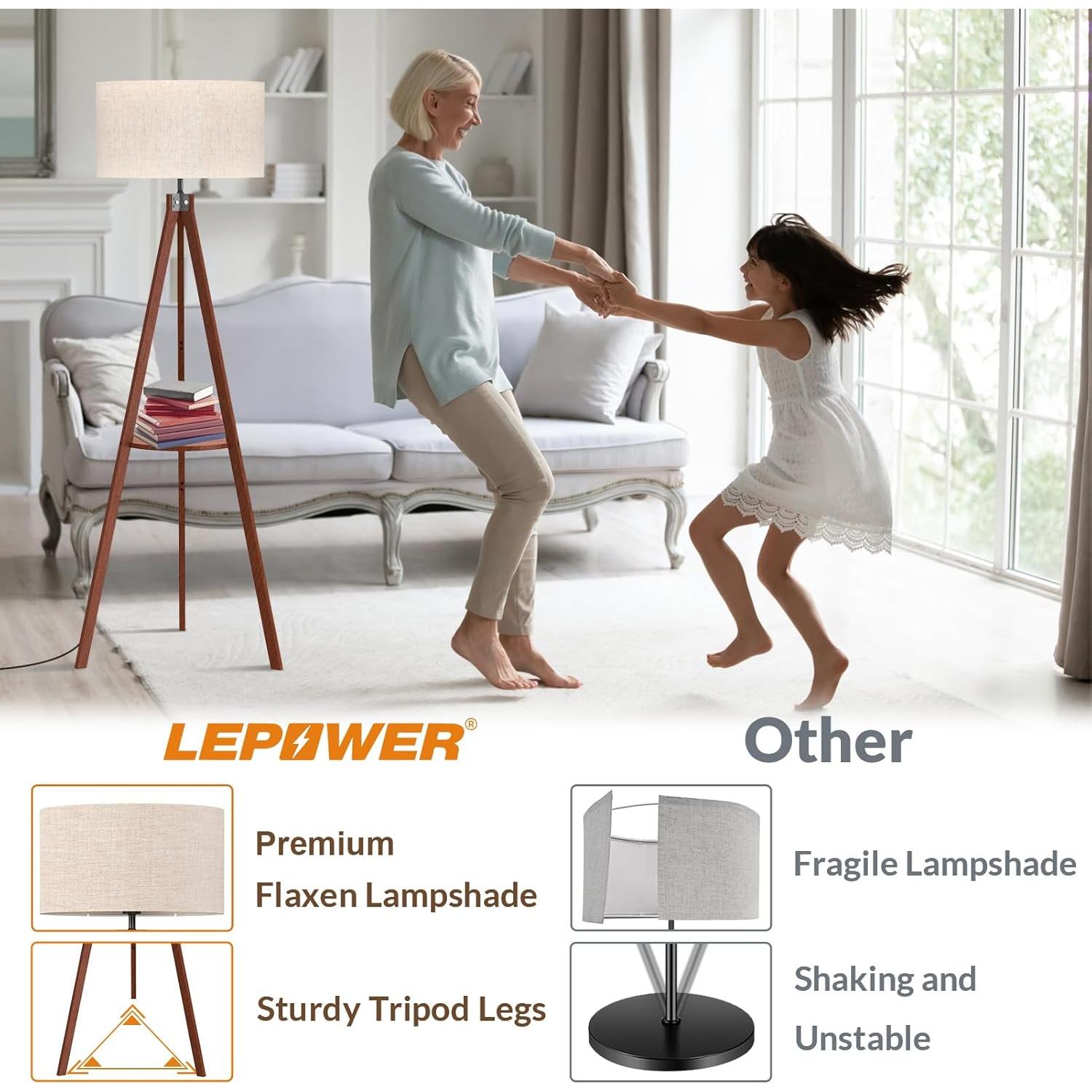 Lámpara de Pie Tripode LEPOWER con Estante, Madera y Lino