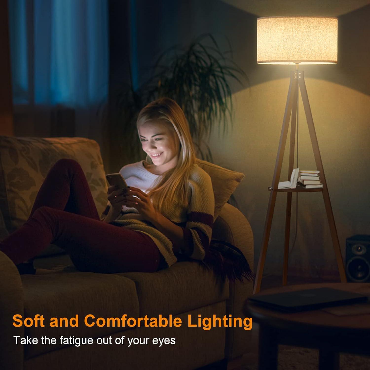 Lámpara de Pie Tripode LEPOWER con Estante, Madera y Lino