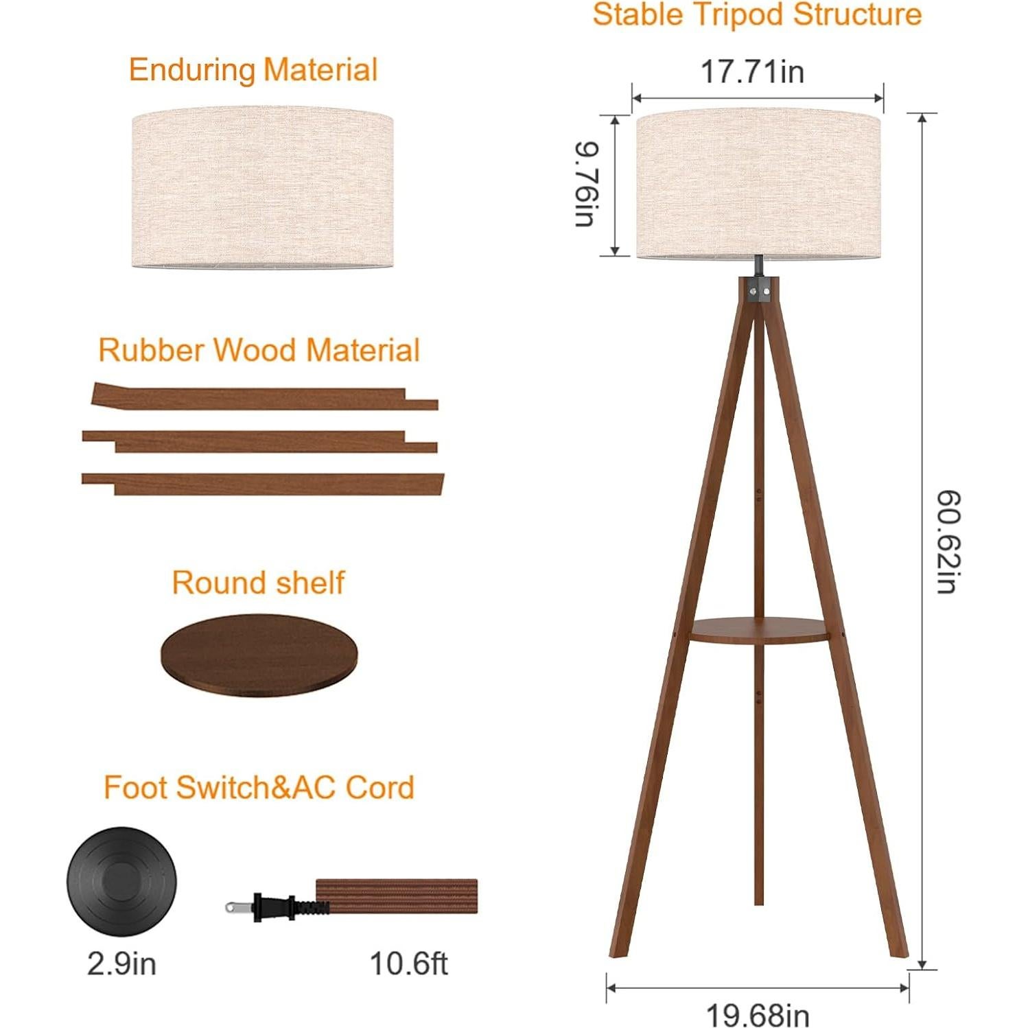 Lámpara de Pie Tripode LEPOWER con Estante, Madera y Lino