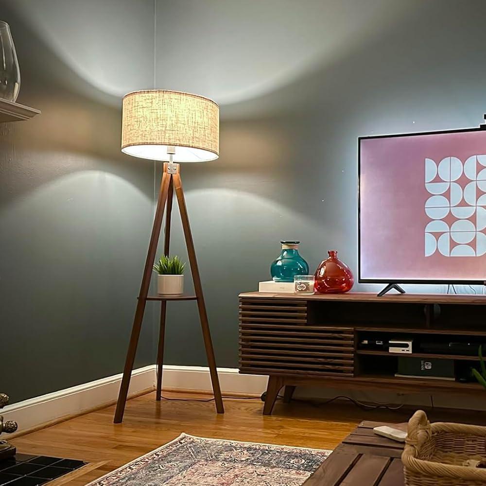 Lámpara de Pie Tripode LEPOWER con Estante, Madera y Lino