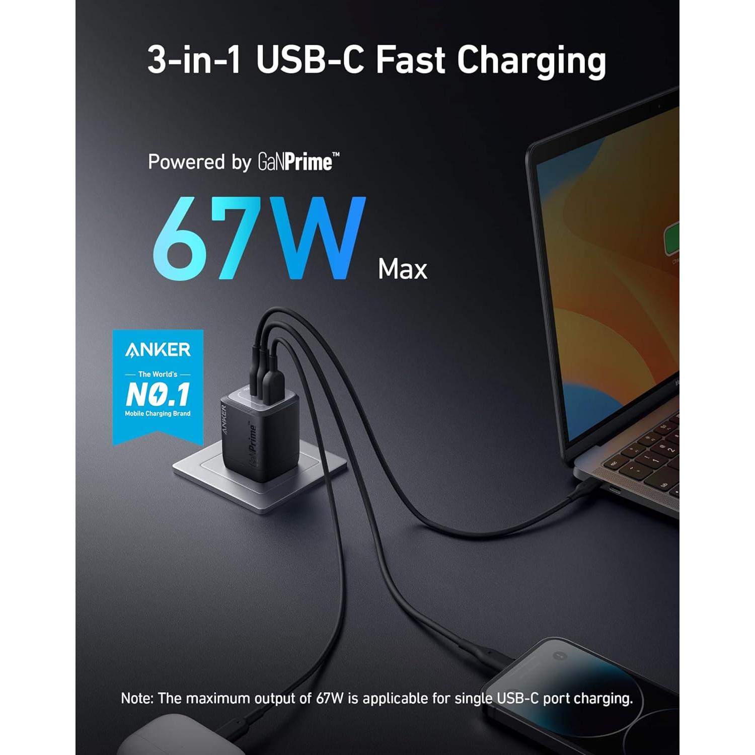 Cargador Anker Prime 67W USB-C 3 Puertos Carga Rápida
