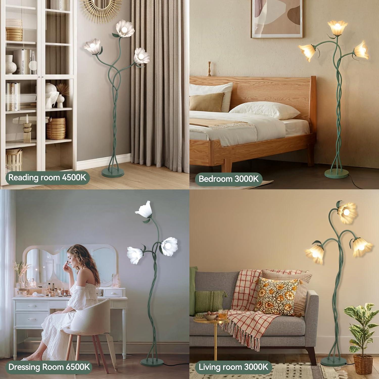 Lámpara de Pie Floral Vintage Elaruslux 3 Cabezas Ajustable