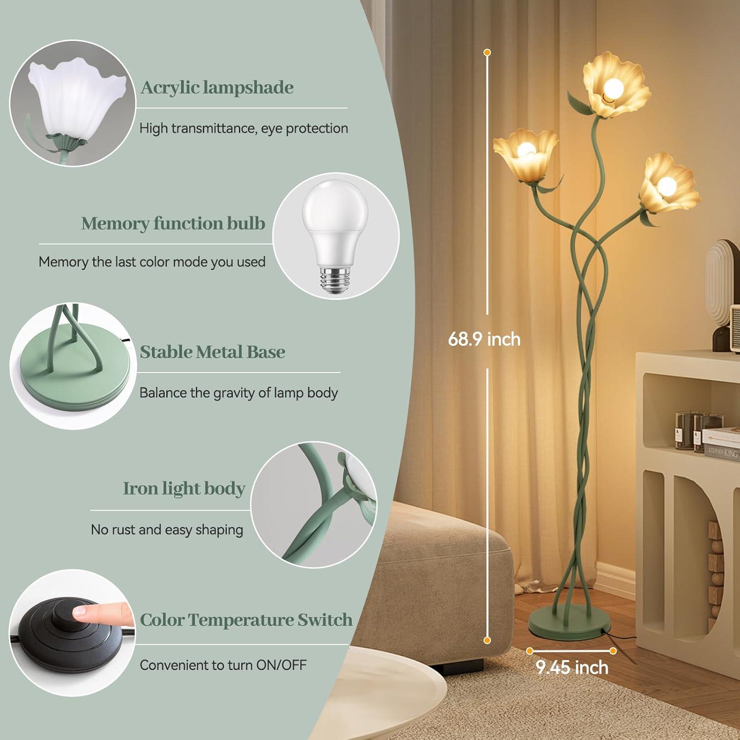 Lámpara de Pie Floral Vintage Elaruslux 3 Cabezas Ajustable