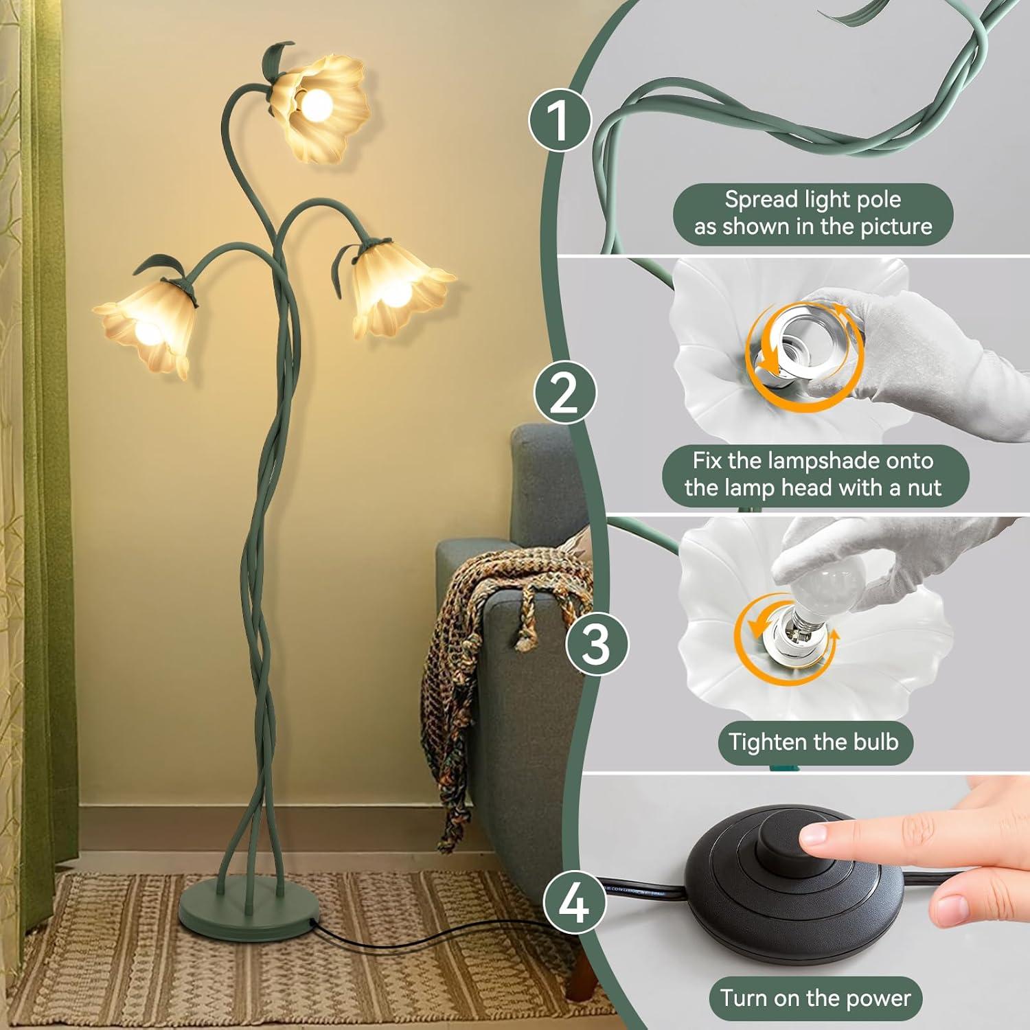 Lámpara de Pie Floral Vintage Elaruslux 3 Cabezas Ajustable