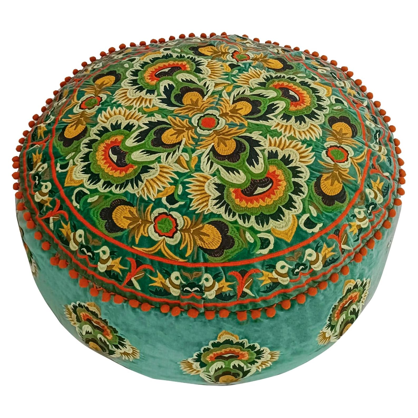 Cubierta Puff Redondo Terciopelo Verde Mandala Life ART 61cm