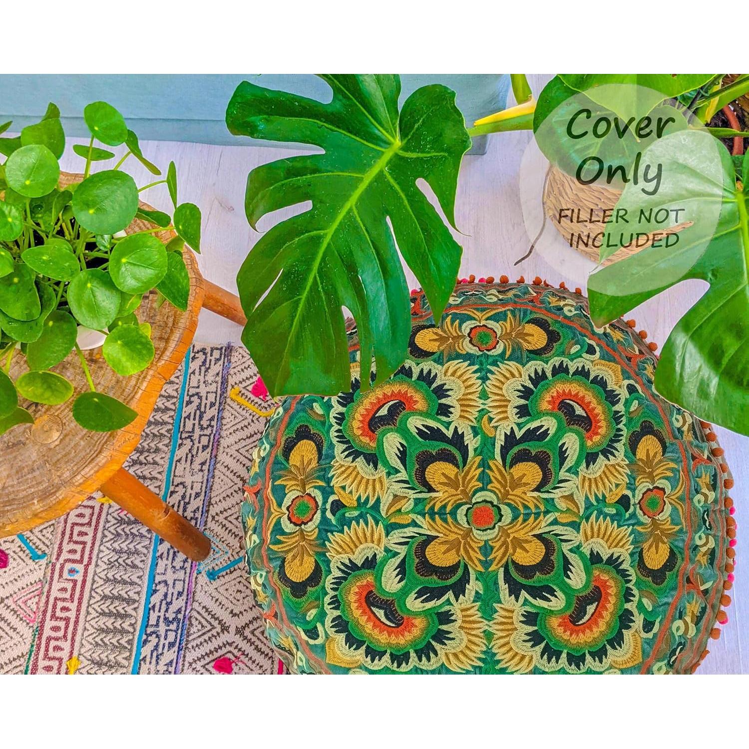 Cubierta Puff Redondo Terciopelo Verde Mandala Life ART 61cm