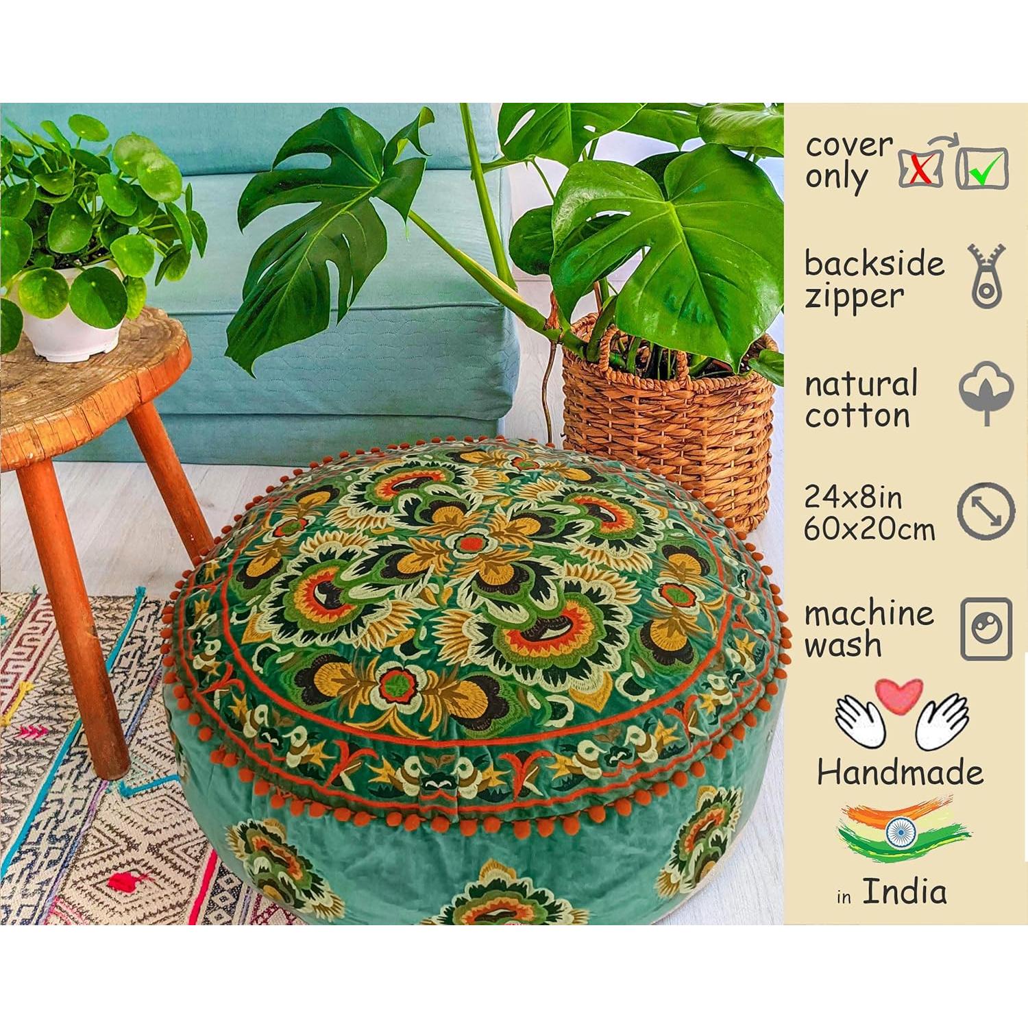 Cubierta Puff Redondo Terciopelo Verde Mandala Life ART 61cm