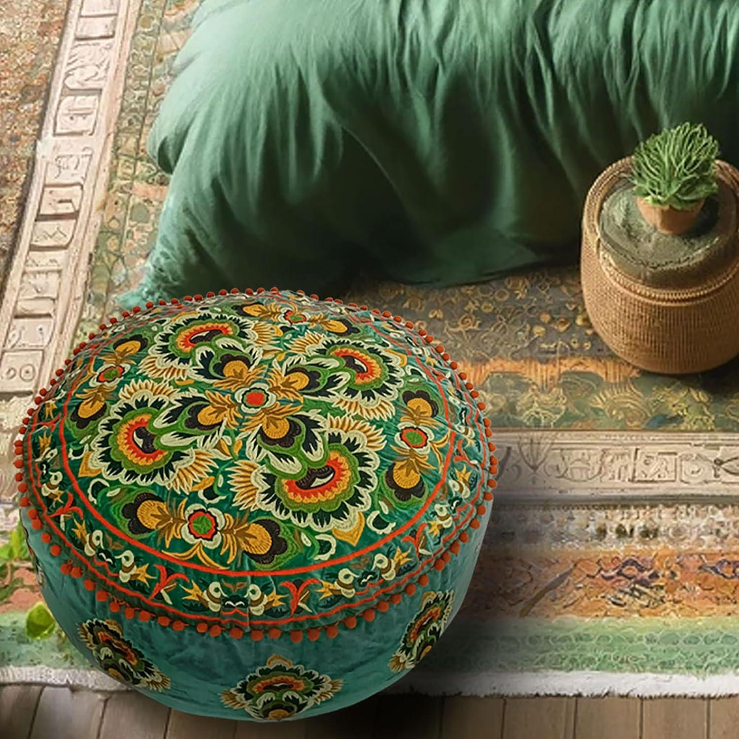 Cubierta Puff Redondo Terciopelo Verde Mandala Life ART 61cm