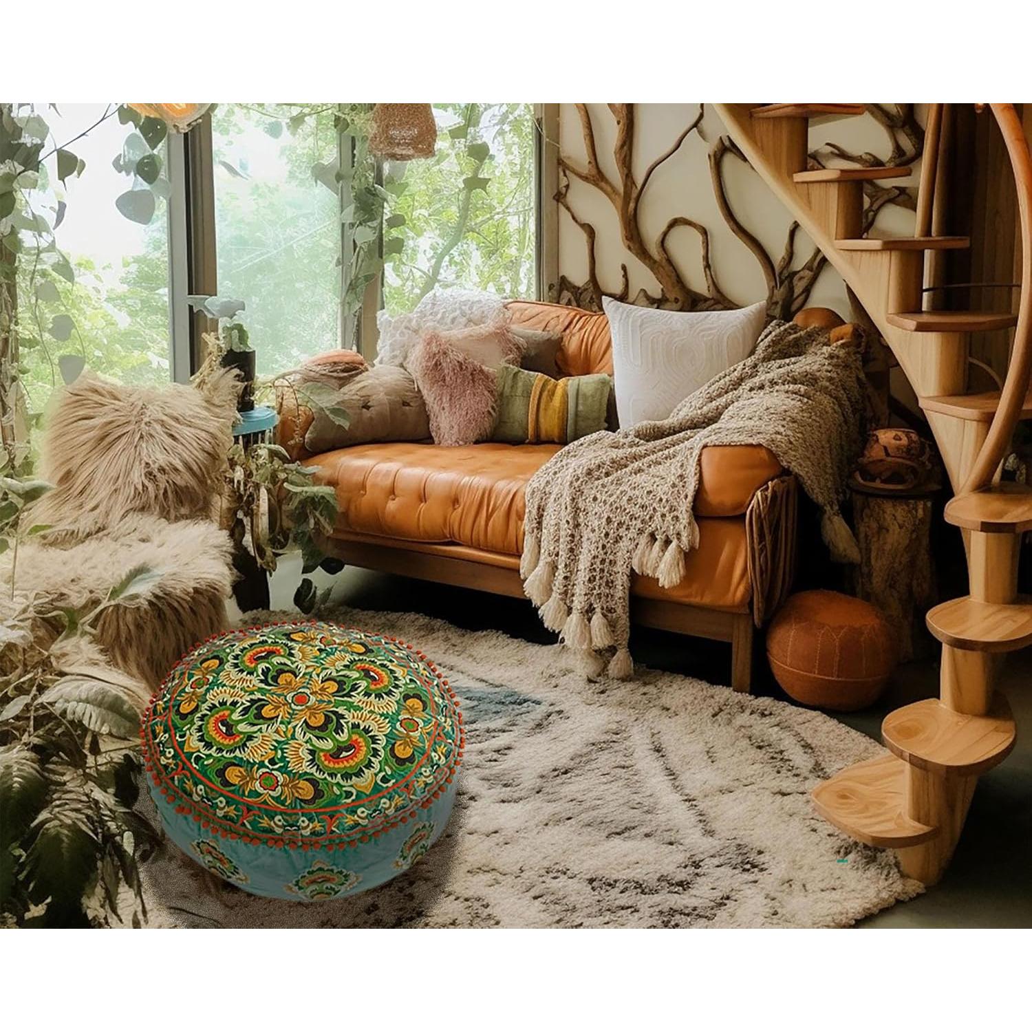 Cubierta Puff Redondo Terciopelo Verde Mandala Life ART 61cm