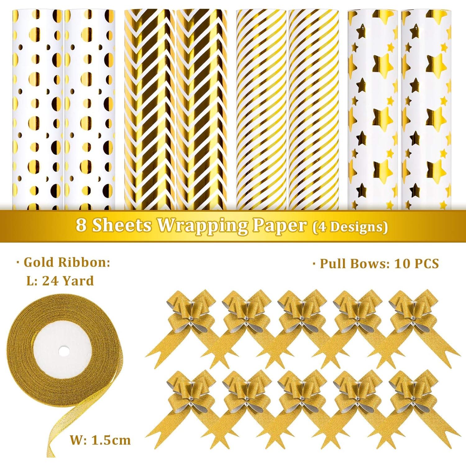 Papel de Regalo Whaline Dorado y Blanco con Lazos y Cinta