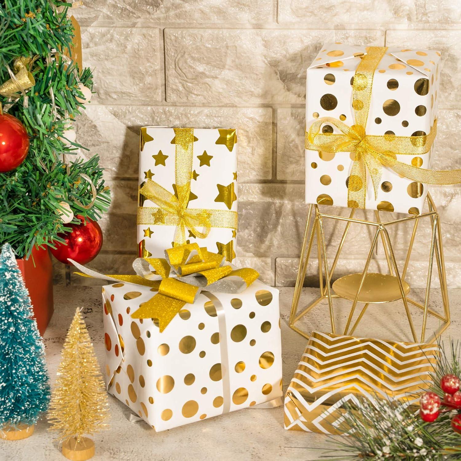 Papel de Regalo Whaline Dorado y Blanco con Lazos y Cinta