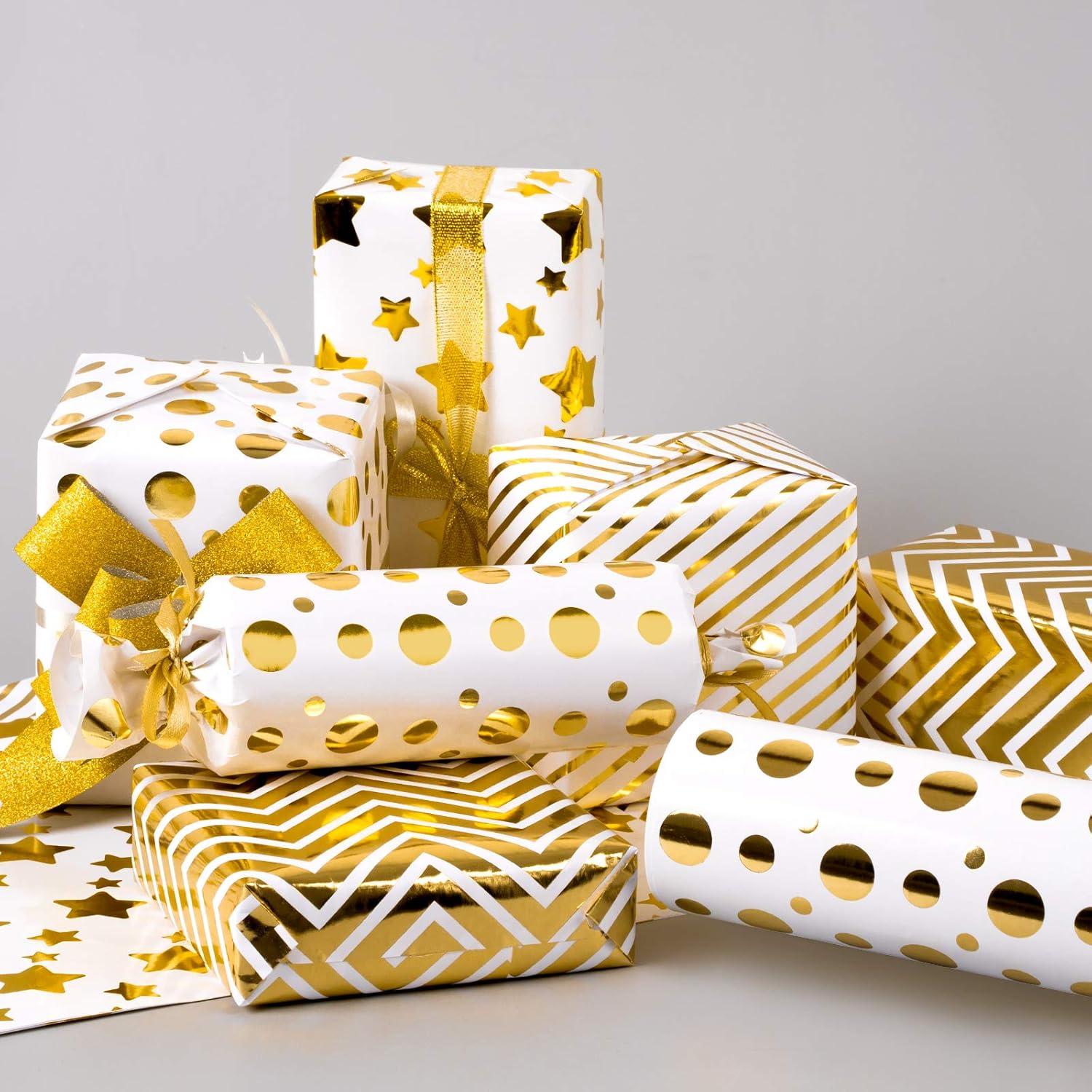 Papel de Regalo Whaline Dorado y Blanco con Lazos y Cinta