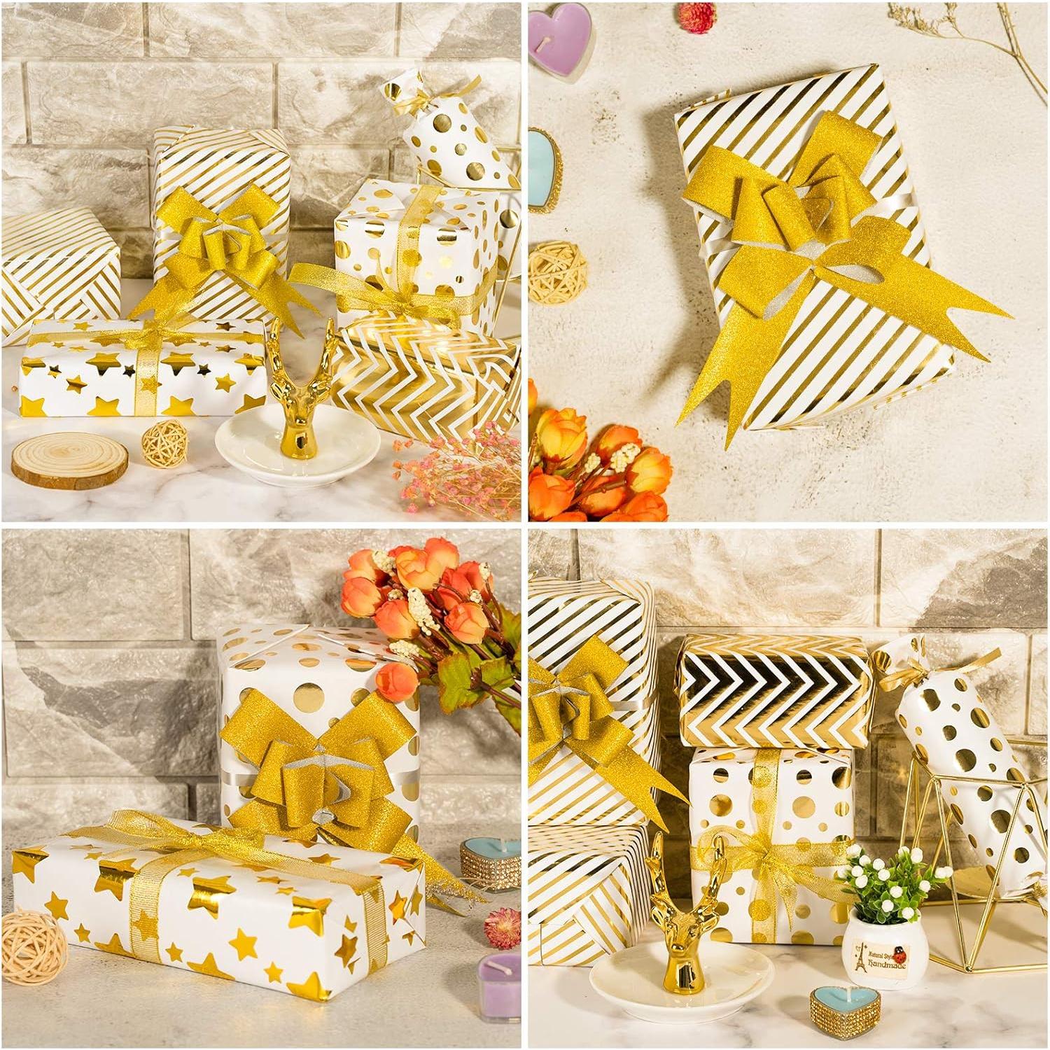 Papel de Regalo Whaline Dorado y Blanco con Lazos y Cinta