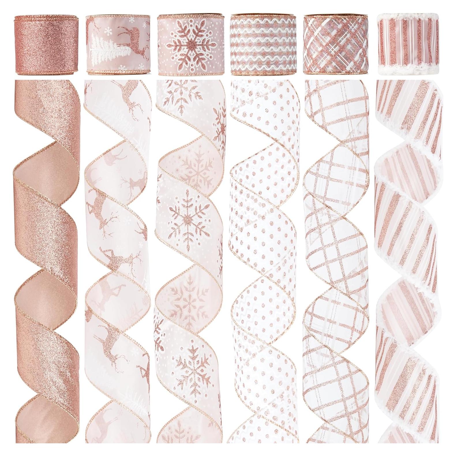 Cinta Navideña Rosa Dorada con Alambre DINDOSAL 6 Rollos 36 Yardas