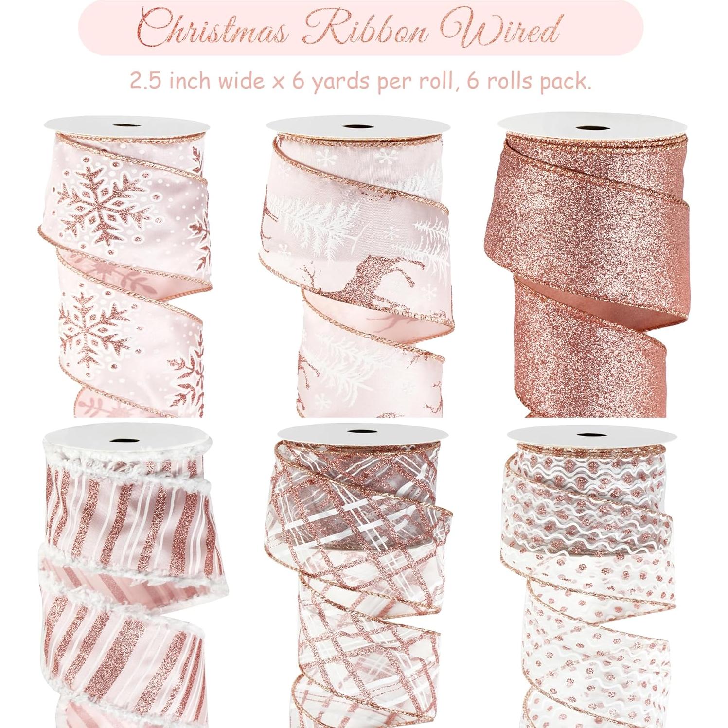Cinta Navideña Rosa Dorada con Alambre DINDOSAL 6 Rollos 36 Yardas