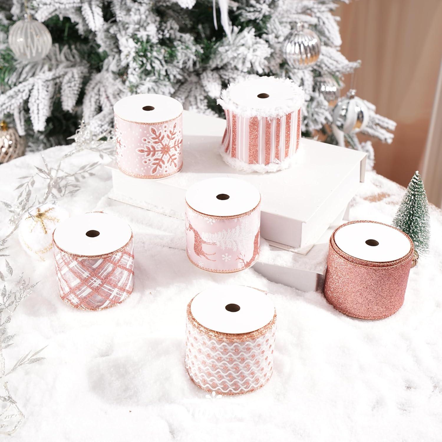 Cinta Navideña Rosa Dorada con Alambre DINDOSAL 6 Rollos 36 Yardas