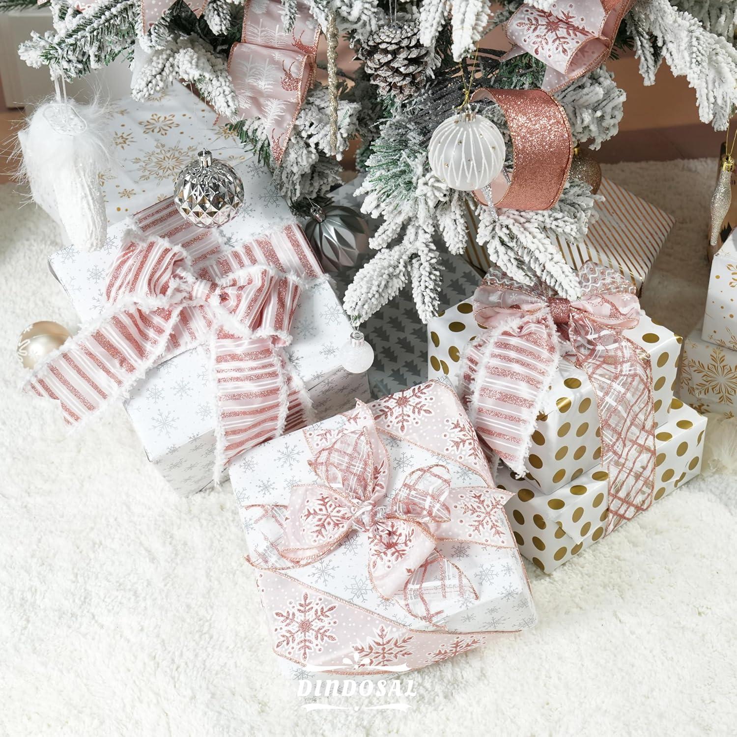 Cinta Navideña Rosa Dorada con Alambre DINDOSAL 6 Rollos 36 Yardas